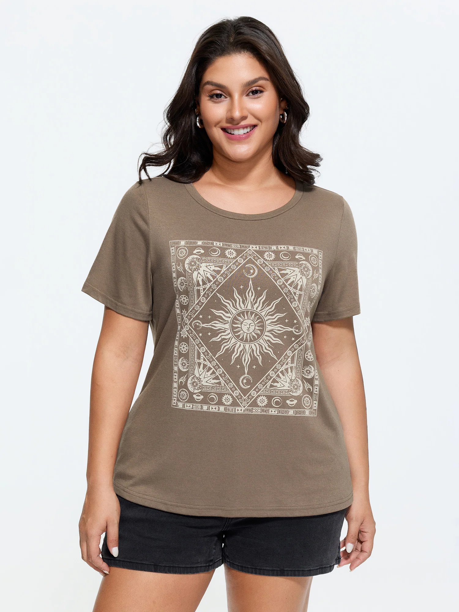 Supersoft Geometric Print Round Neck Long T-Shirt