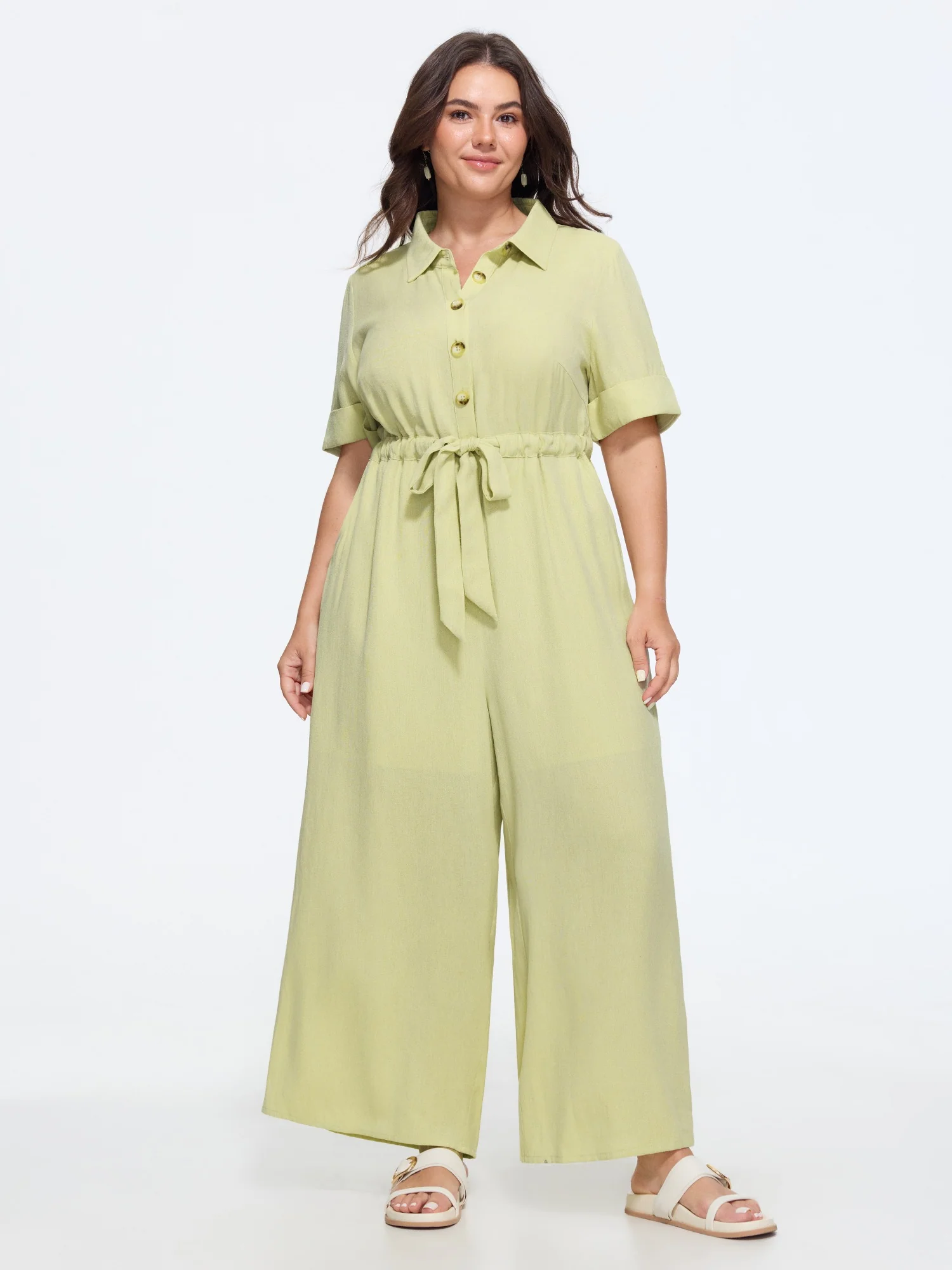 Button Front Drawstring Waist Wide Leg Jumpsuit
