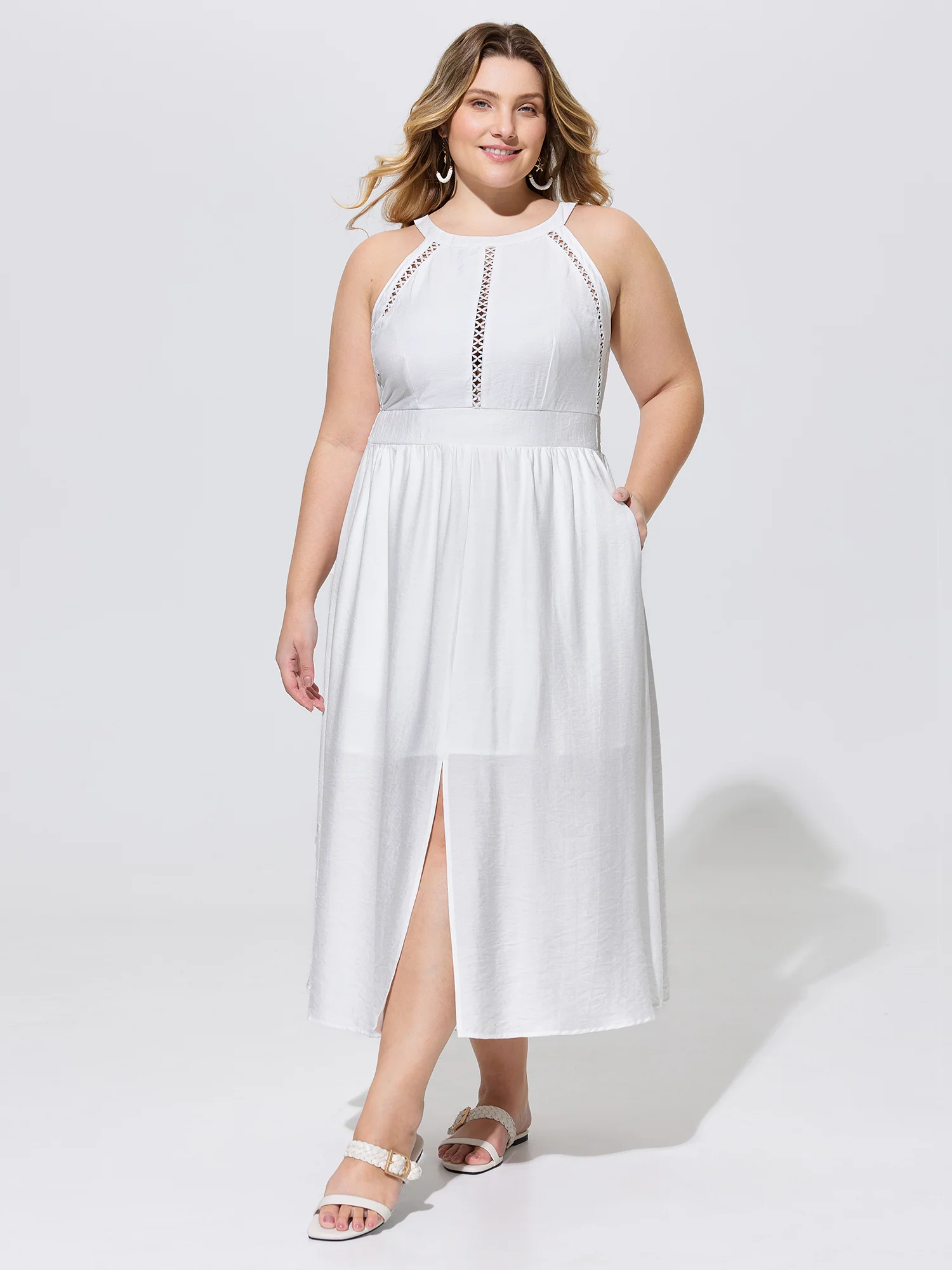 Lace Shirred Waist Halter Neckline Midi Dress