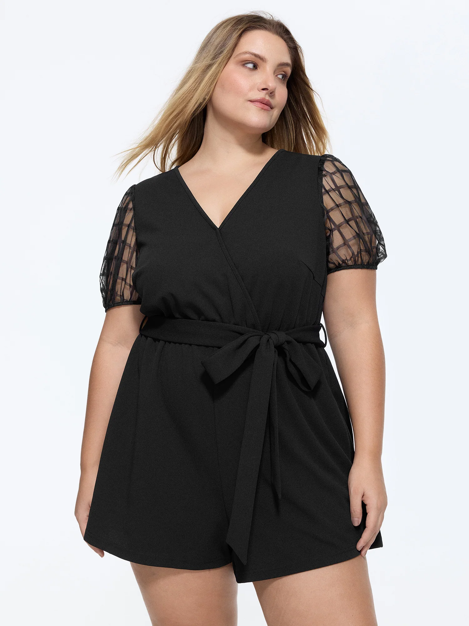 Sheer Sleeves Waist-Tie Romper