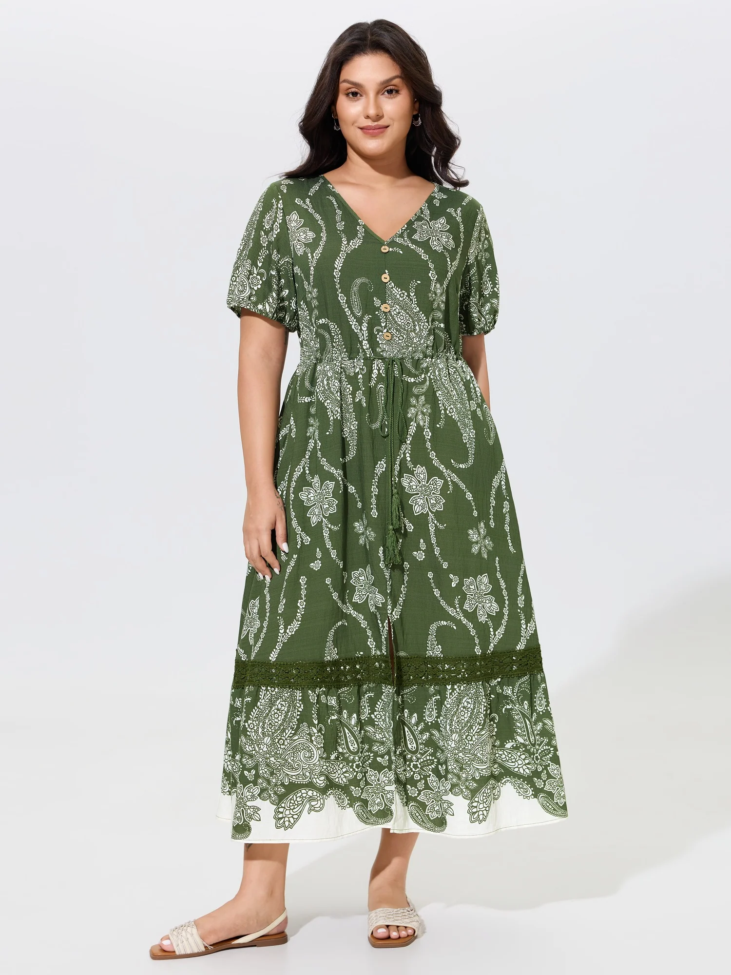 Paisley Floral Print Drawstring Waist Lace Tiered Midi Dress