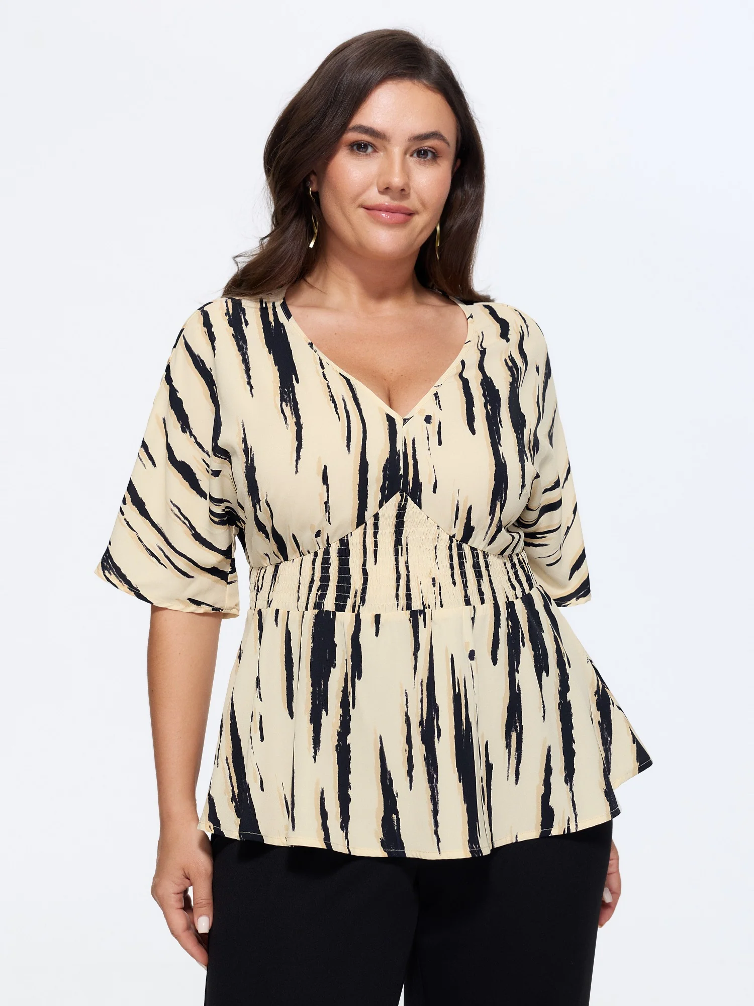 Abstract Print V Neck Shirred Waist Peplum Blouse