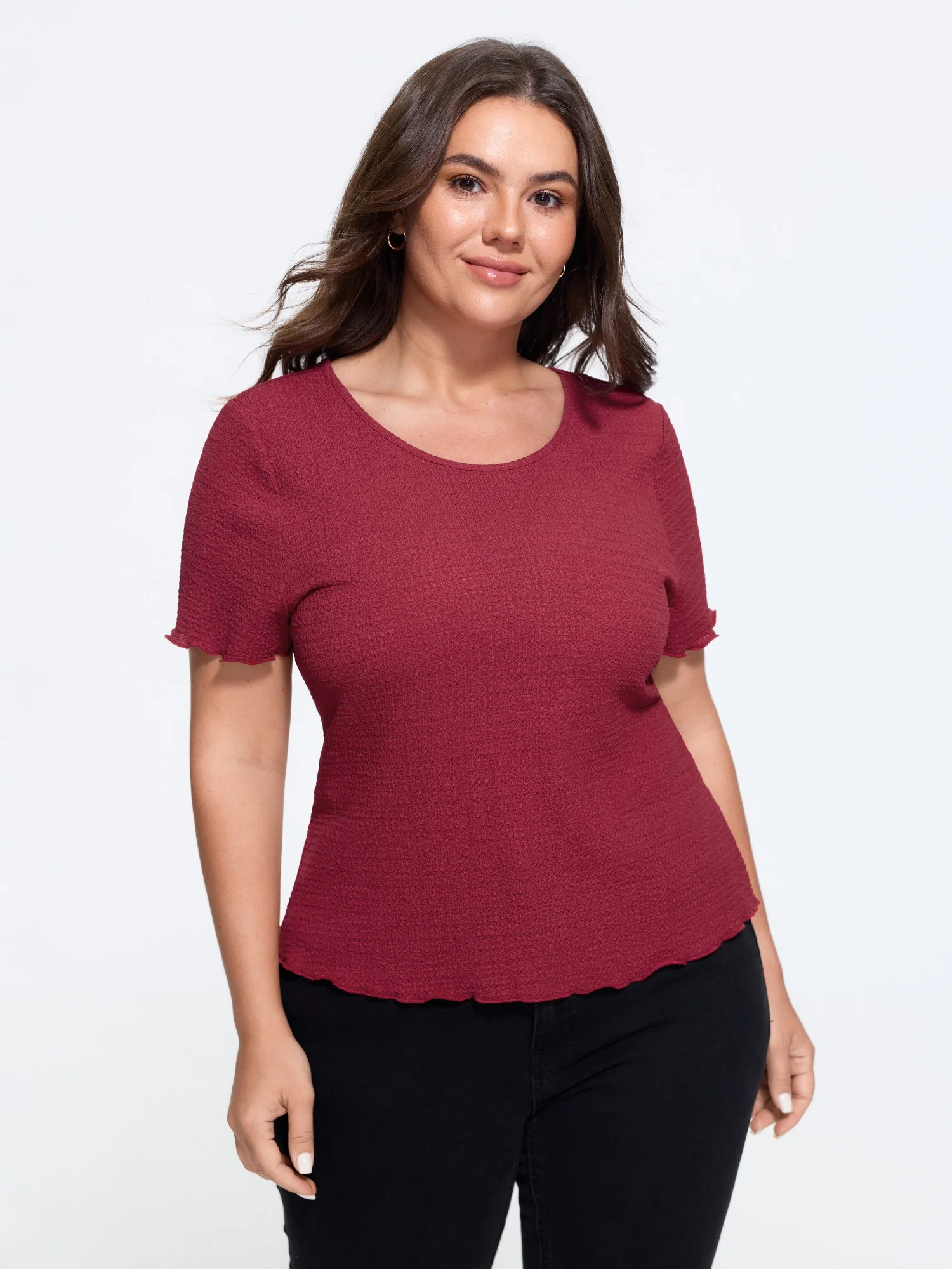 Stretchy Textured Crew Neck Ruffle Edge T-Shirt
