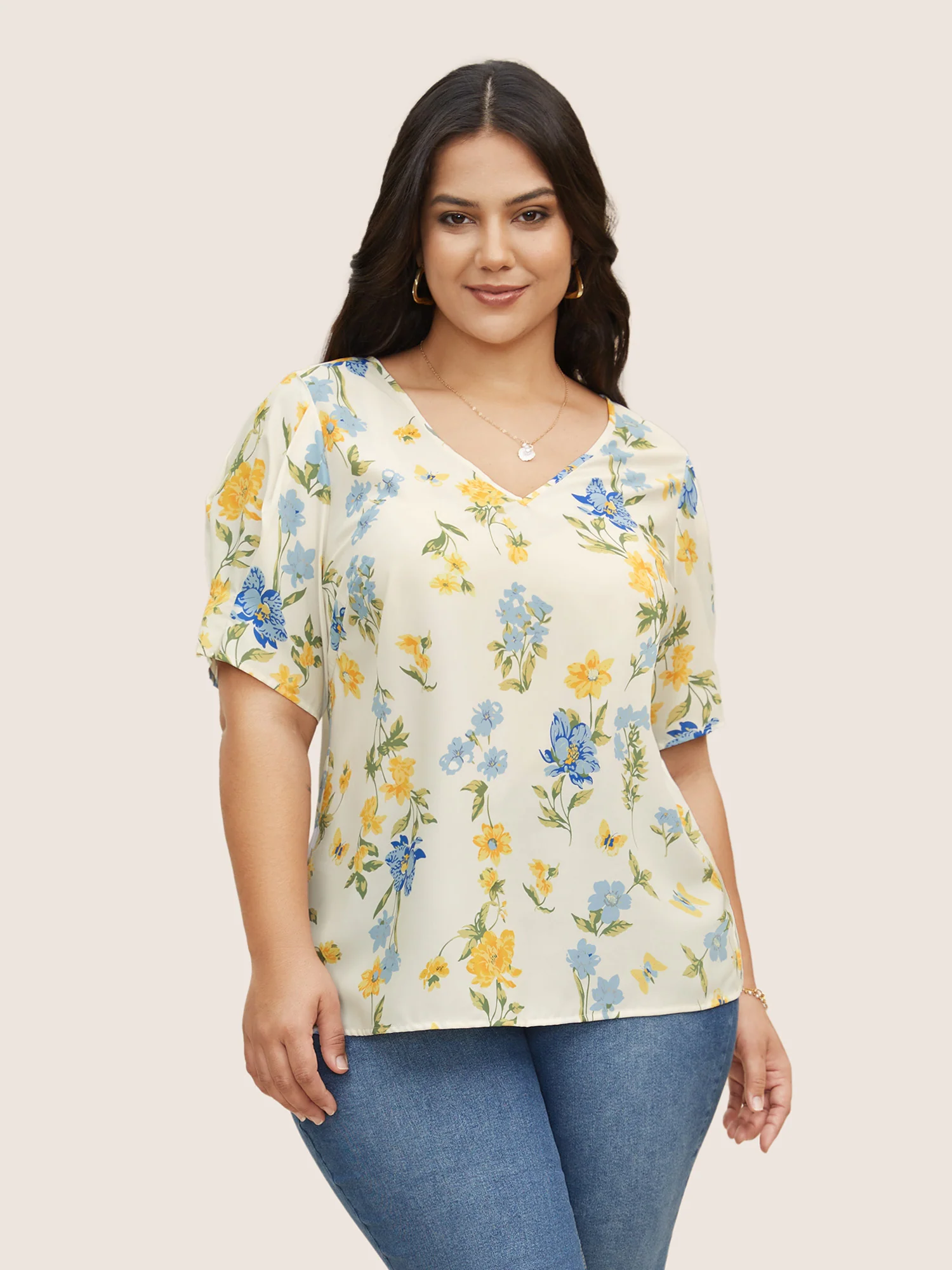 Floral & Butterfly V Neck Bishop Sleeve Blouse