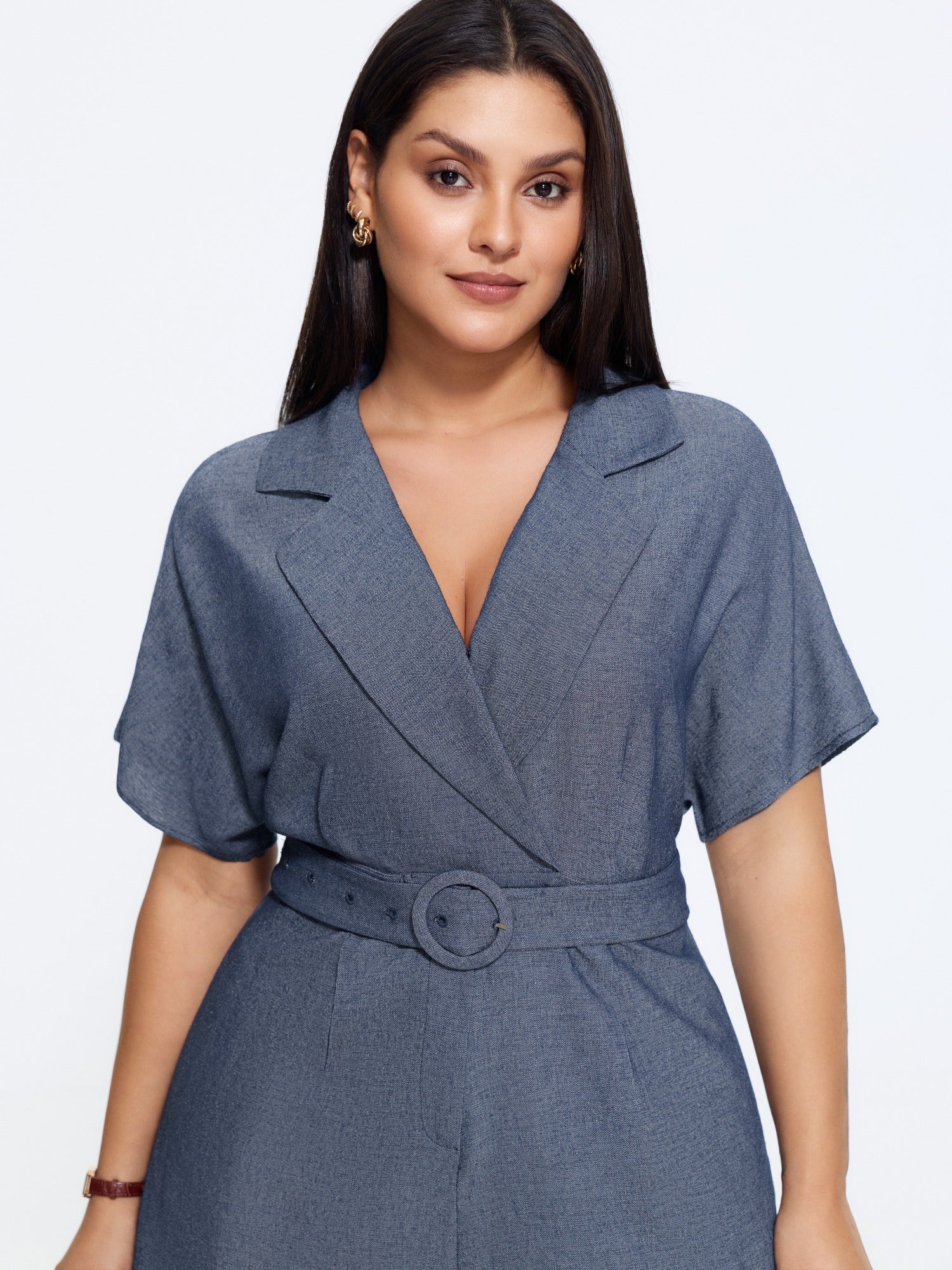 Solid Suit Collar Belted Romper