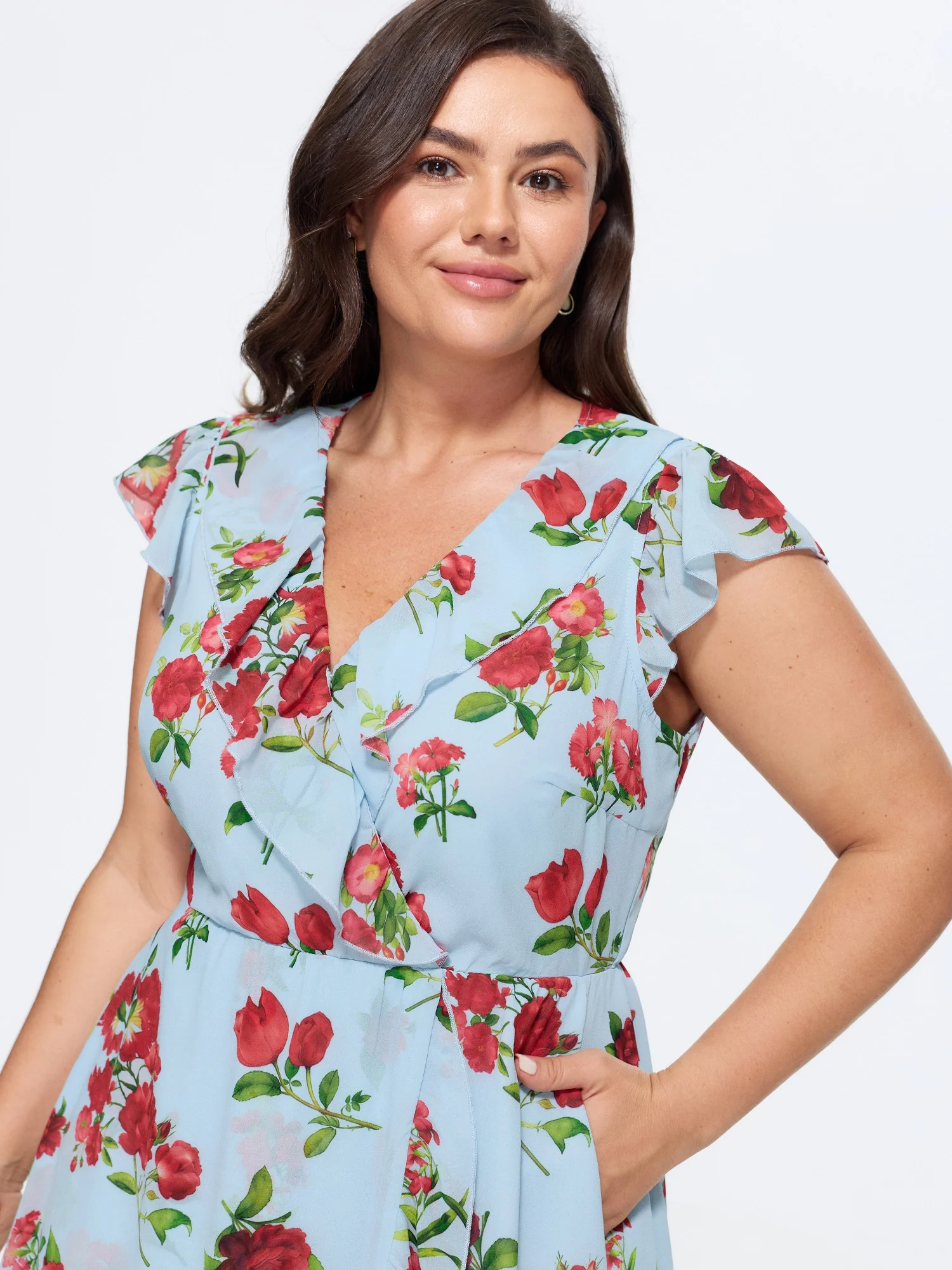 Floral Print Ruffled Neckline Flowy Midi Dress
