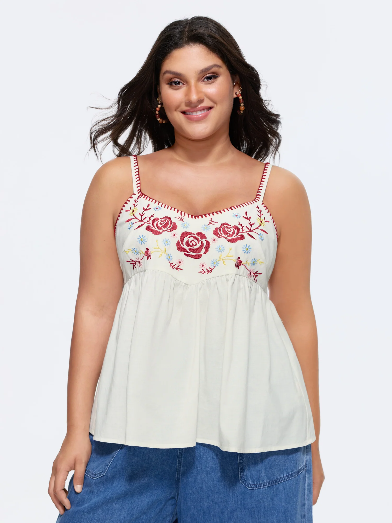 Floral Embroidered Neckline Babydoll Top