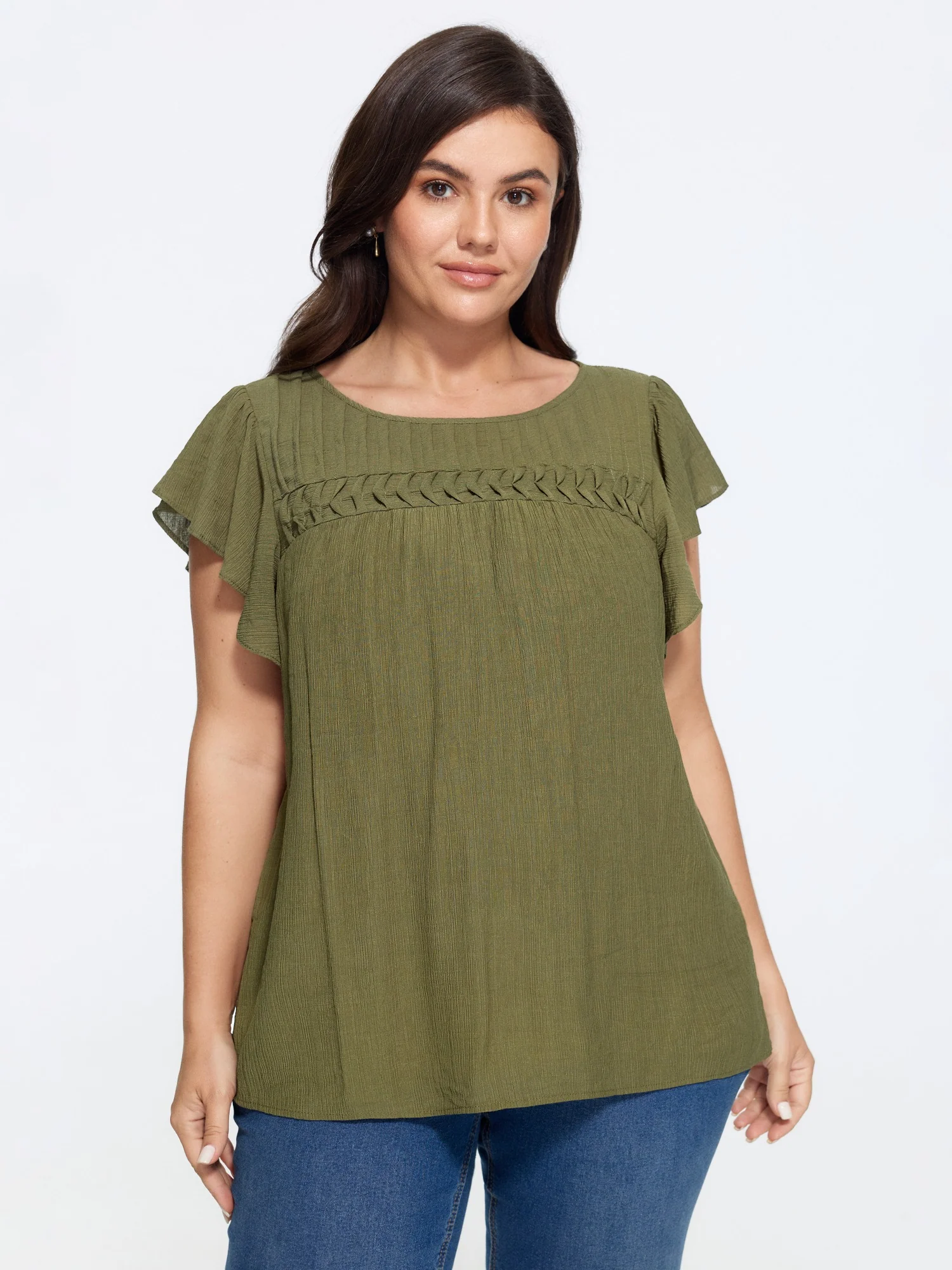 Textured Front Pleat Flutter Sleeve Blouse