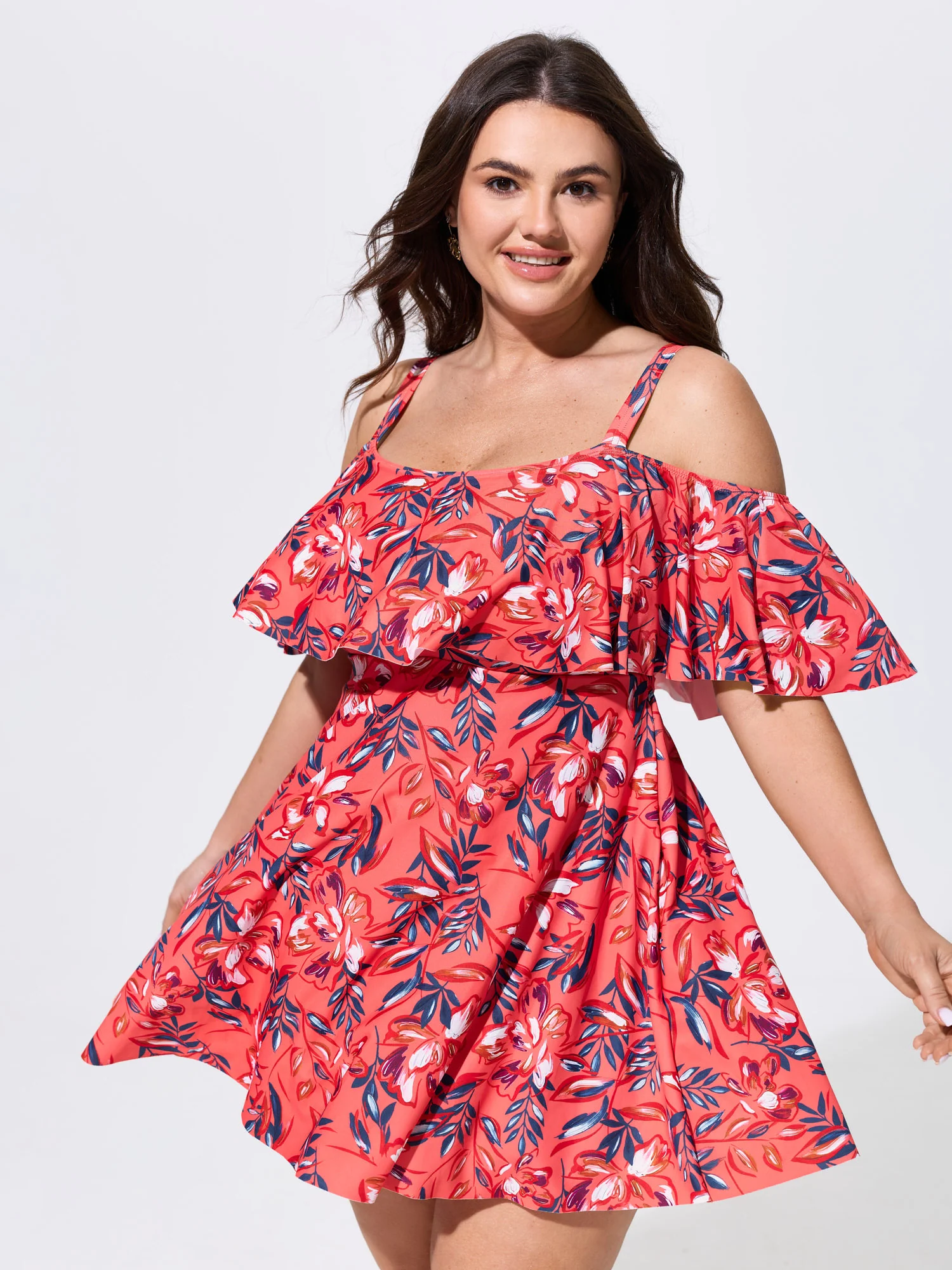 Floral Ruffle Trim Off Shoulder Pockets Swim Dress