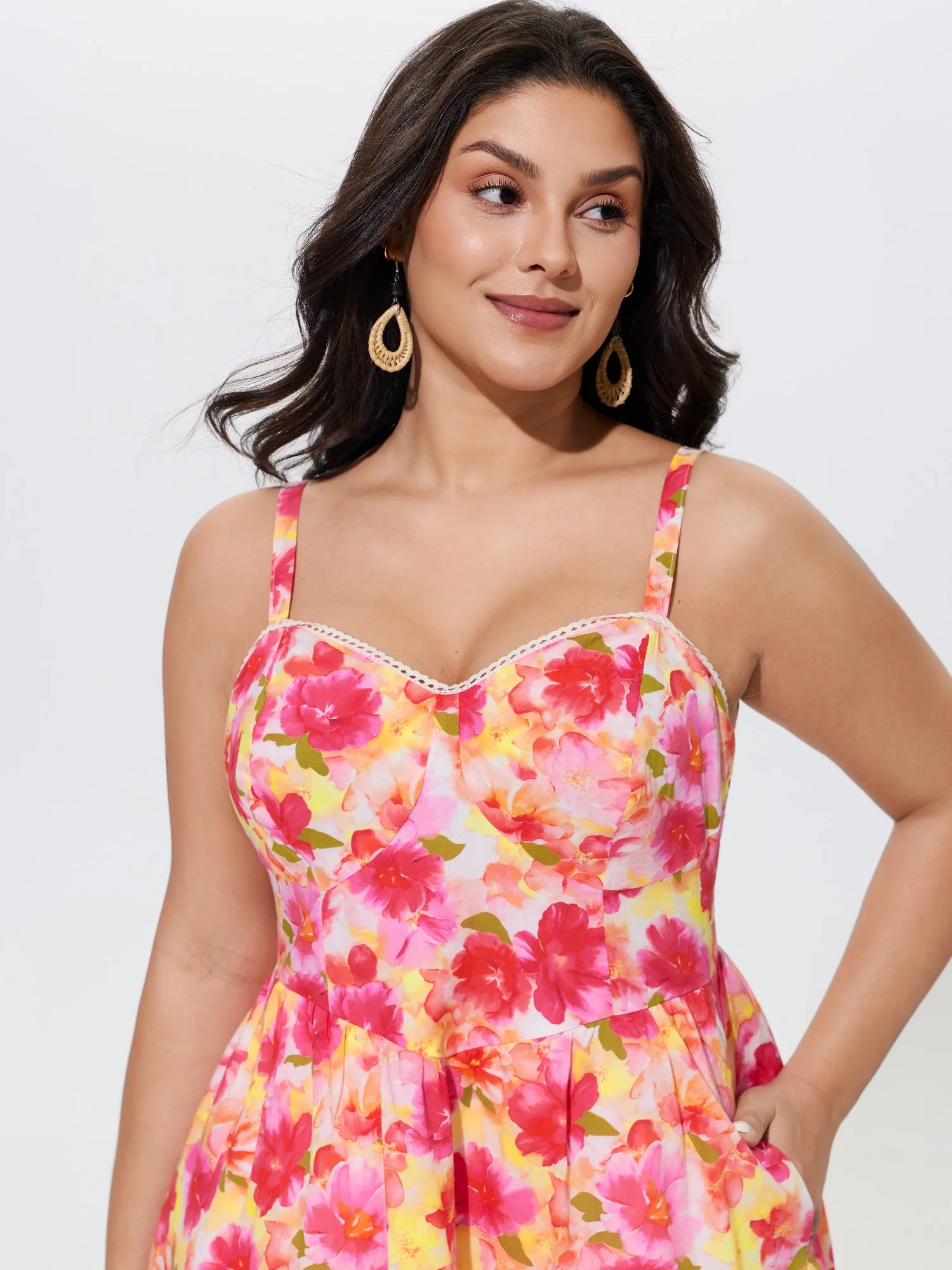 Cotton Watercolor Floral Print Lace Trim Mini Dress