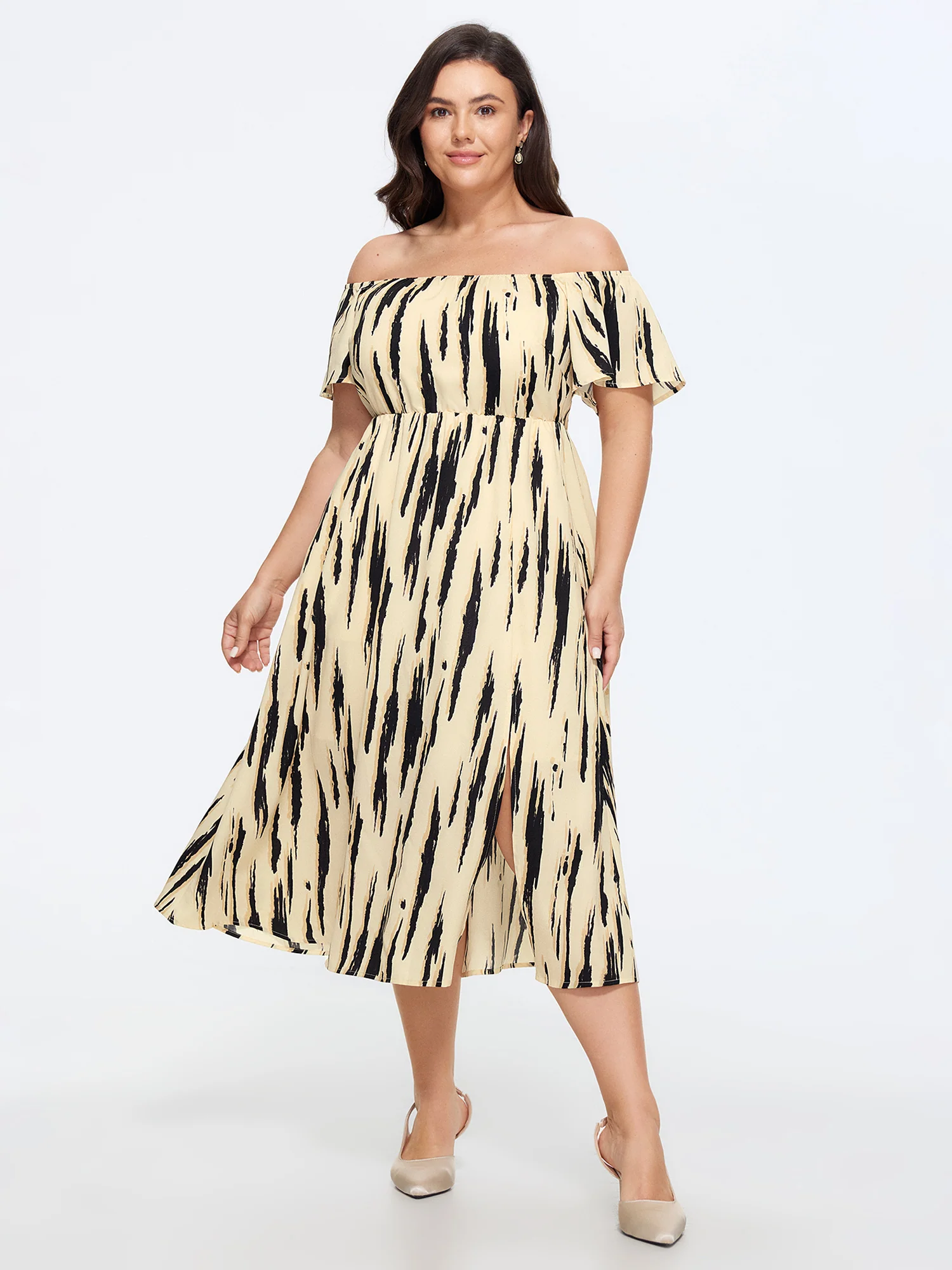 Abstract Print Off Shoulder Side Slit Midi Dress