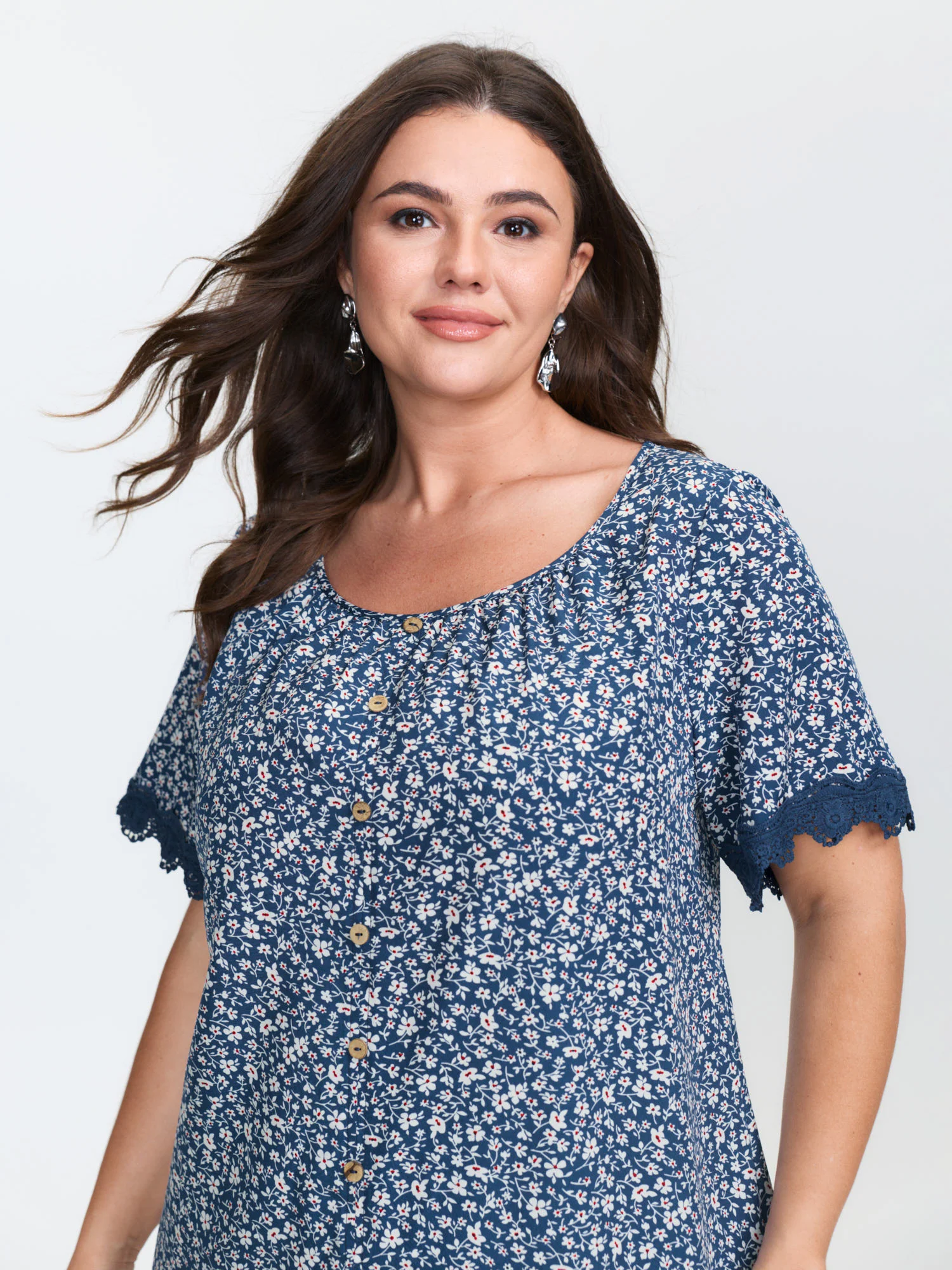 Floral Print Buttons Lace Sleeve Blouse