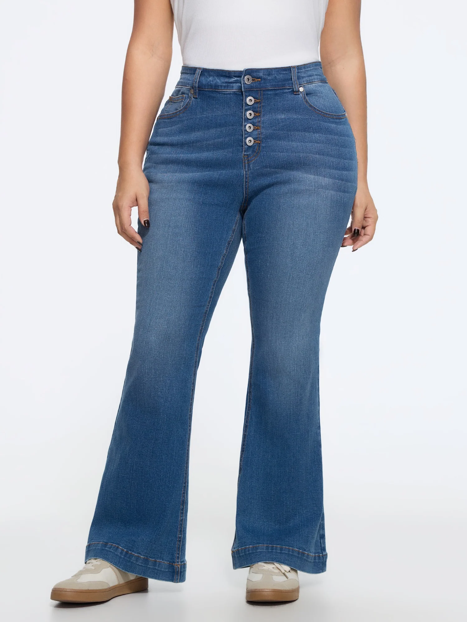Stretchy Multi Buttons High Waist Flare Jeans