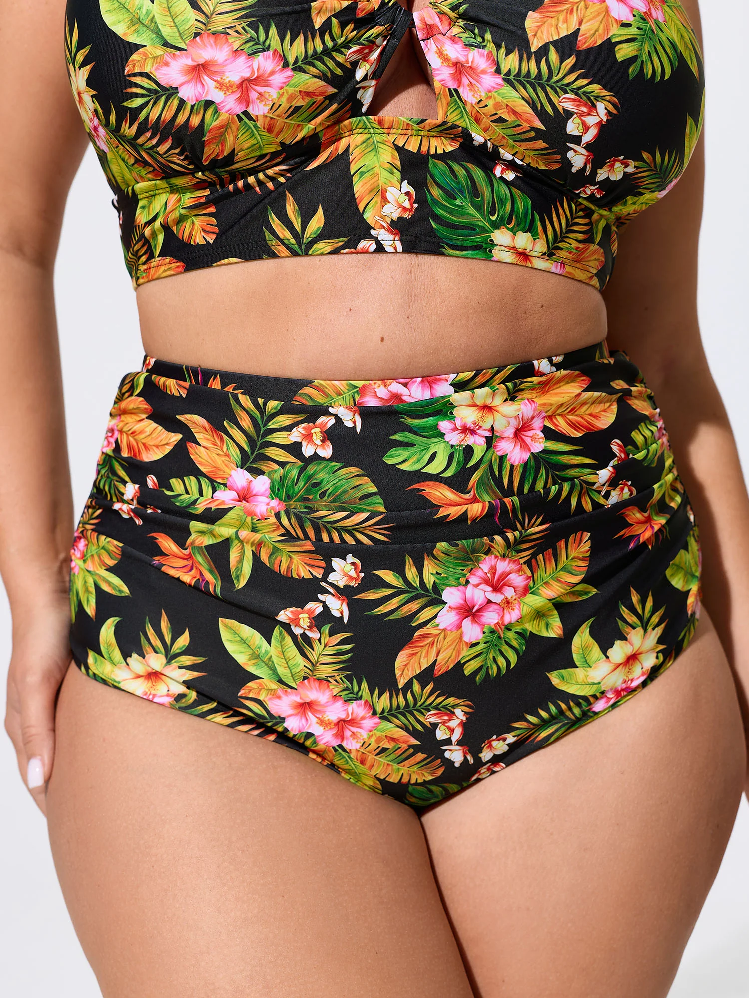 Vibrant Tropical Print High-Waisted Swim Bottoms