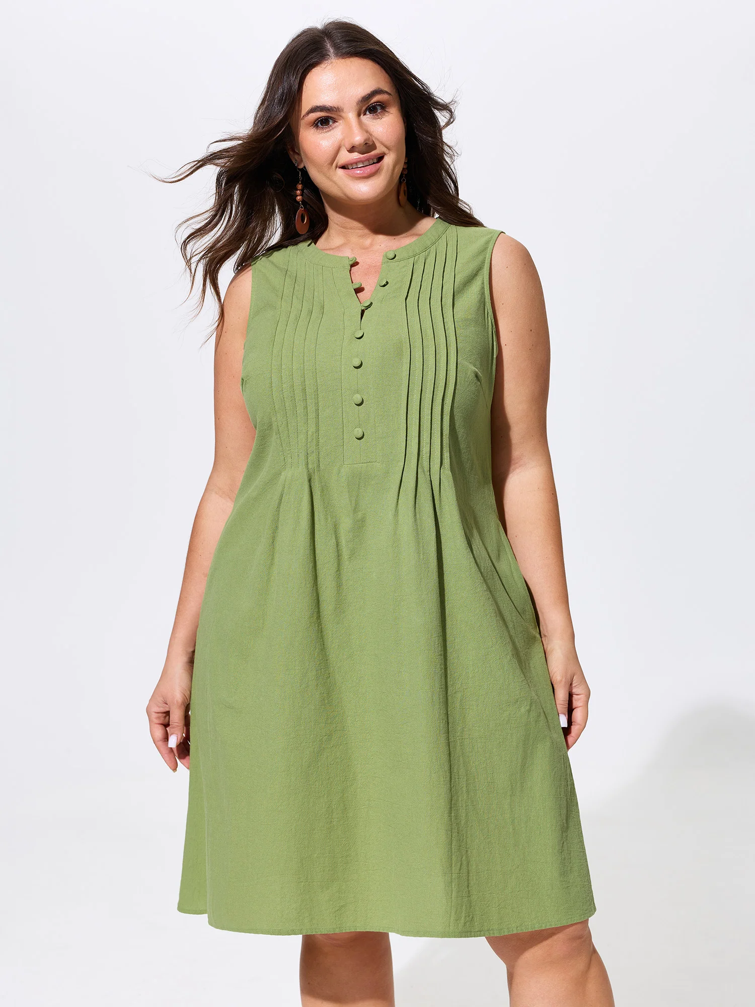 Cotton Toothpick Pleat Button Detail Mini Dress