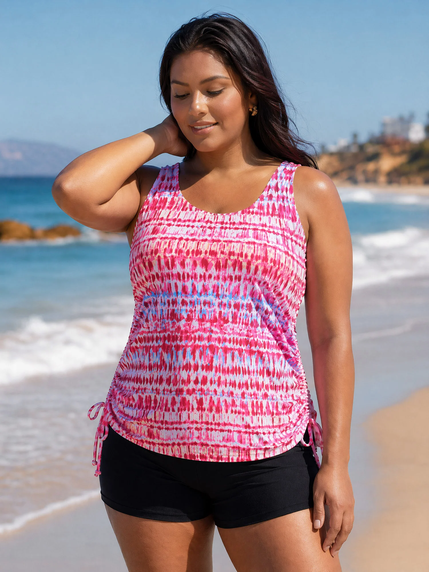Tie-Dye Effect Scoop Neckline Swim Top