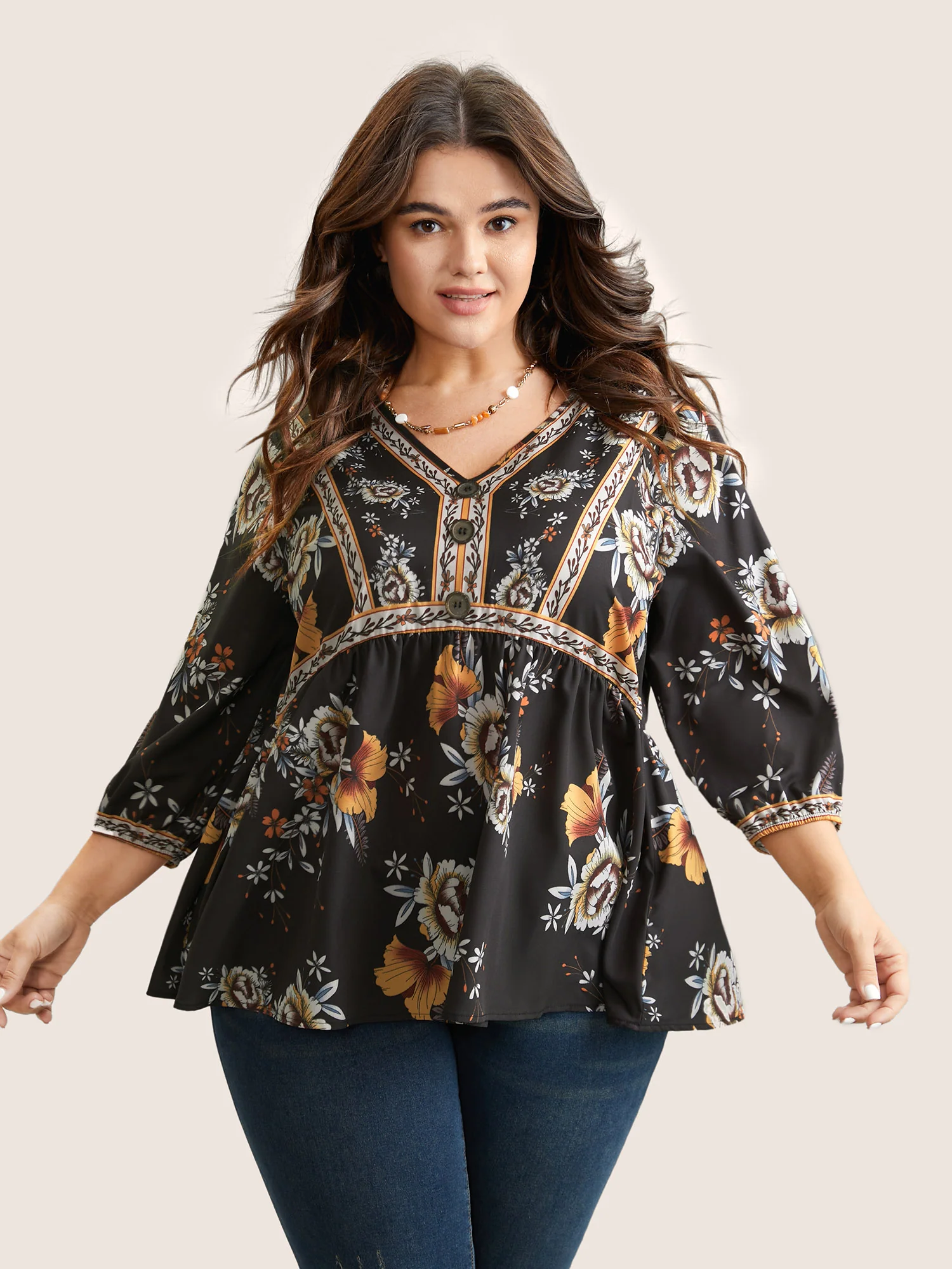 Boho Print V Neck Button Detail Gathered Blouse