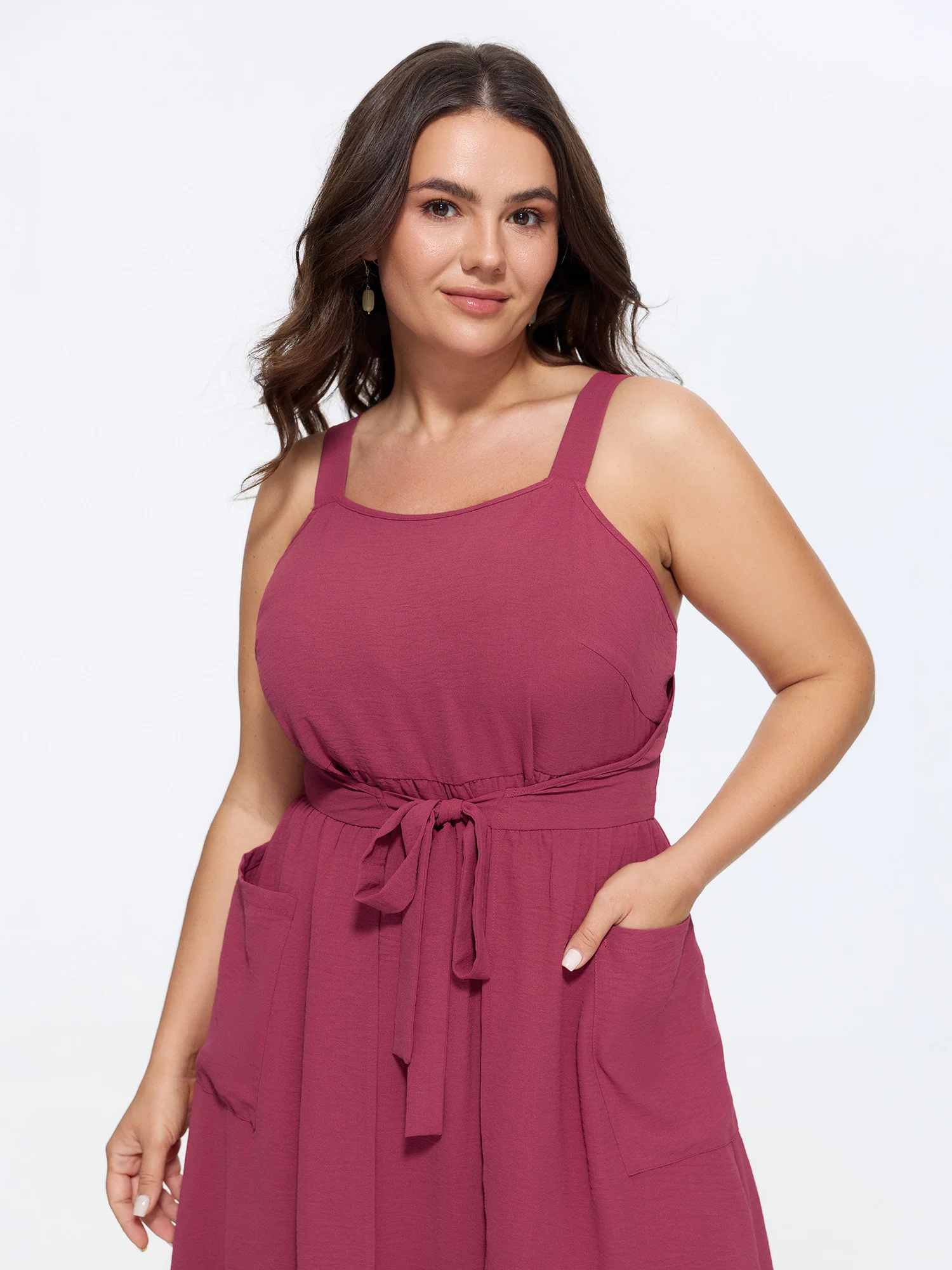Front Split Tie Waist Pocket Midi Dress