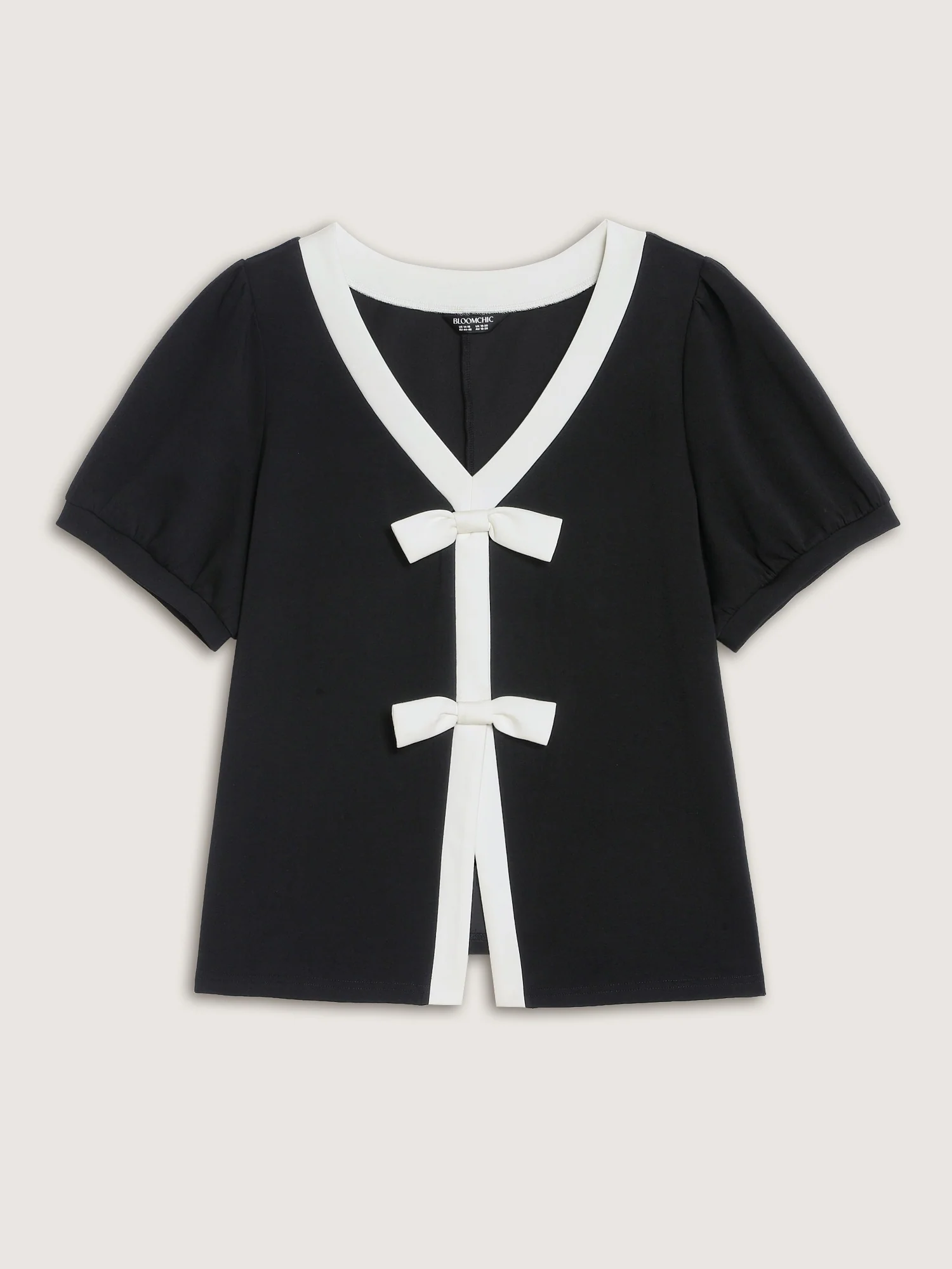 V Neck Double Bow Color Contrast T-Shirt