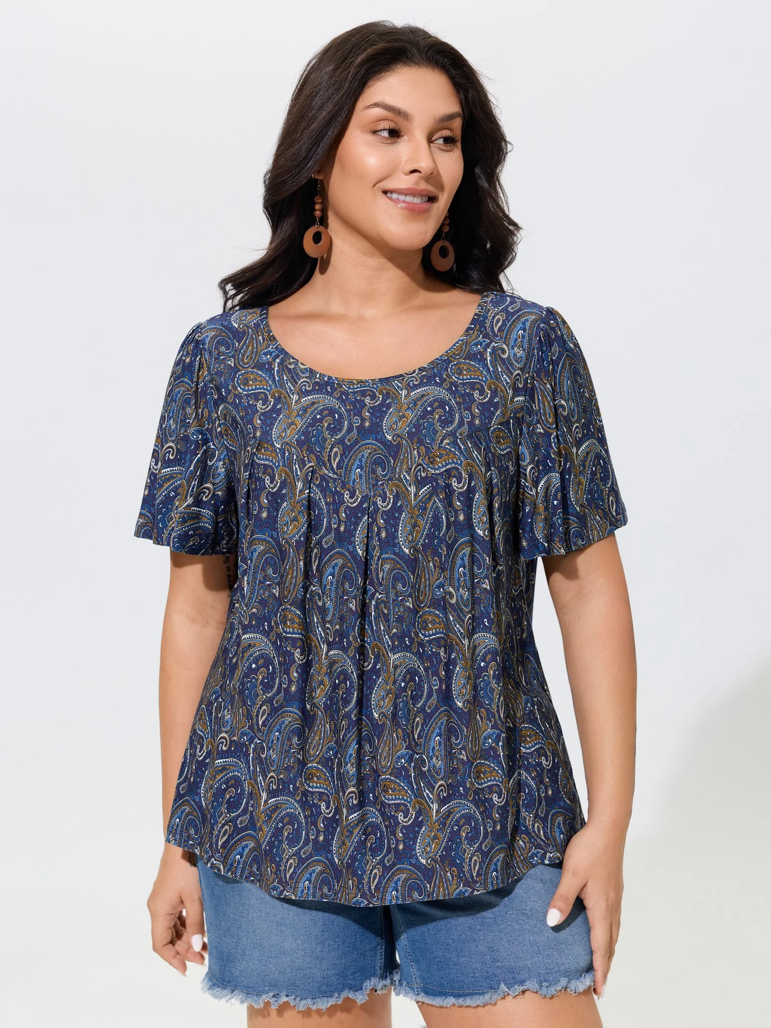 Paisley Print Round Neck Front Pleated Top