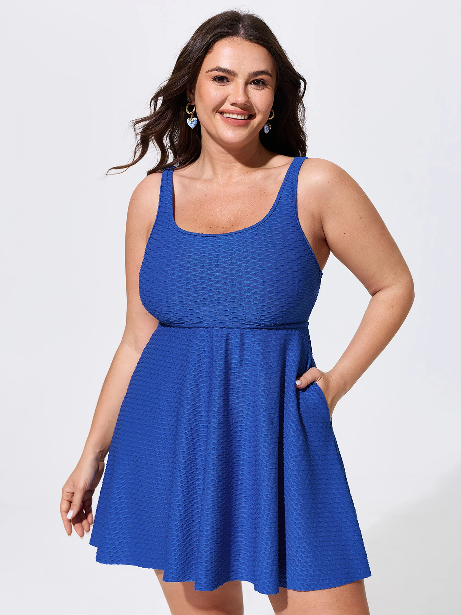 Textured Pockets Fit And Flare Swim Dress