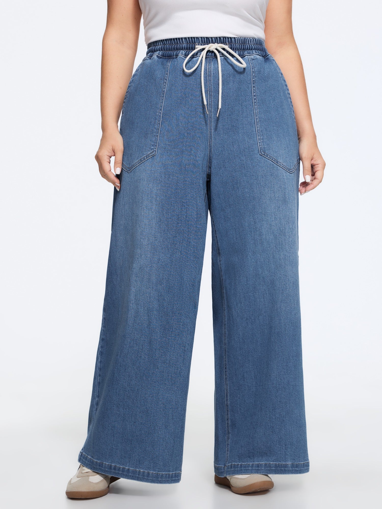 Stretchy Drawstring Waist Pocket Wide Leg Jeans