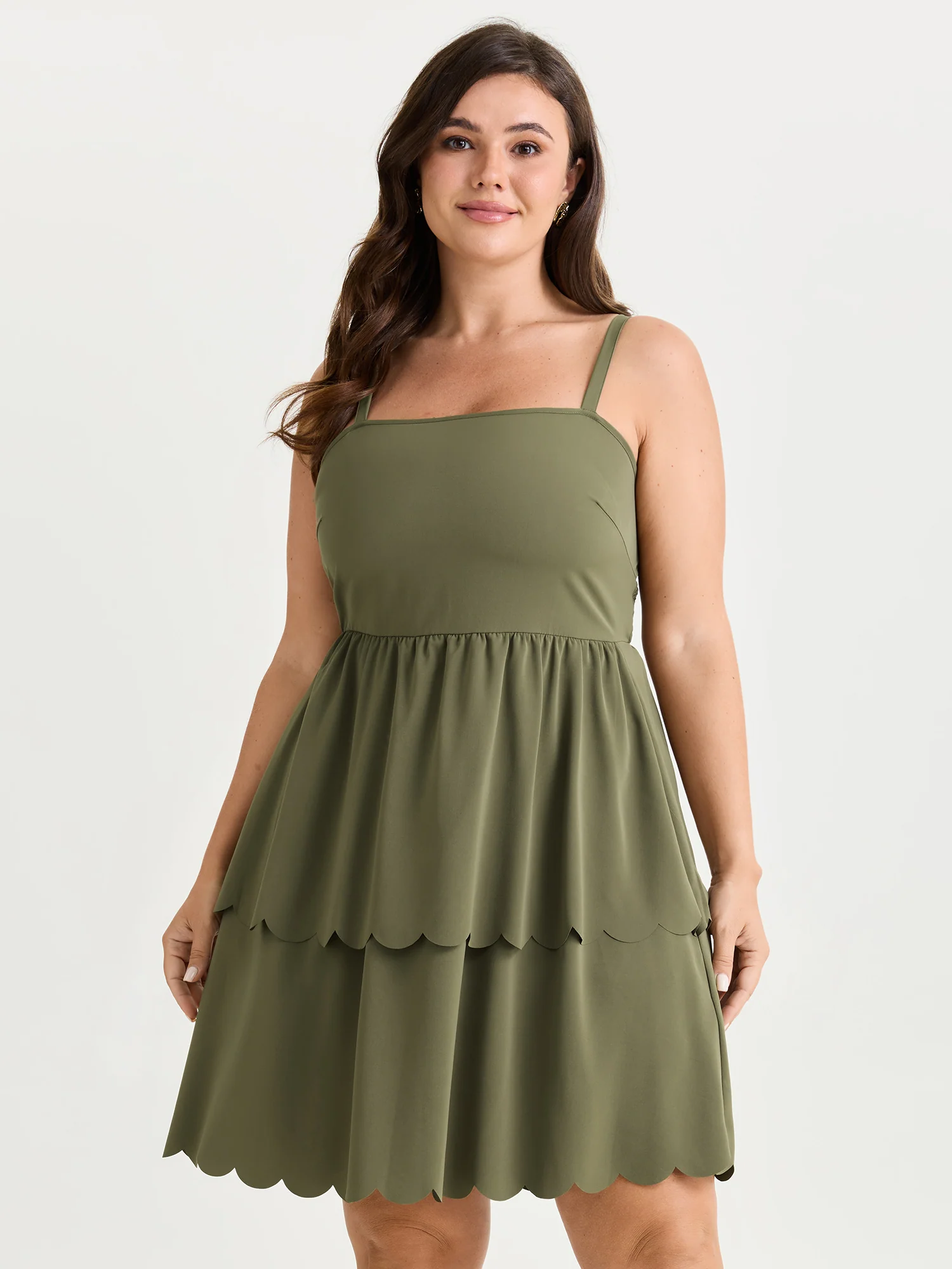 Shirred Tiered Laser Cut Hem Cami Mini Dress