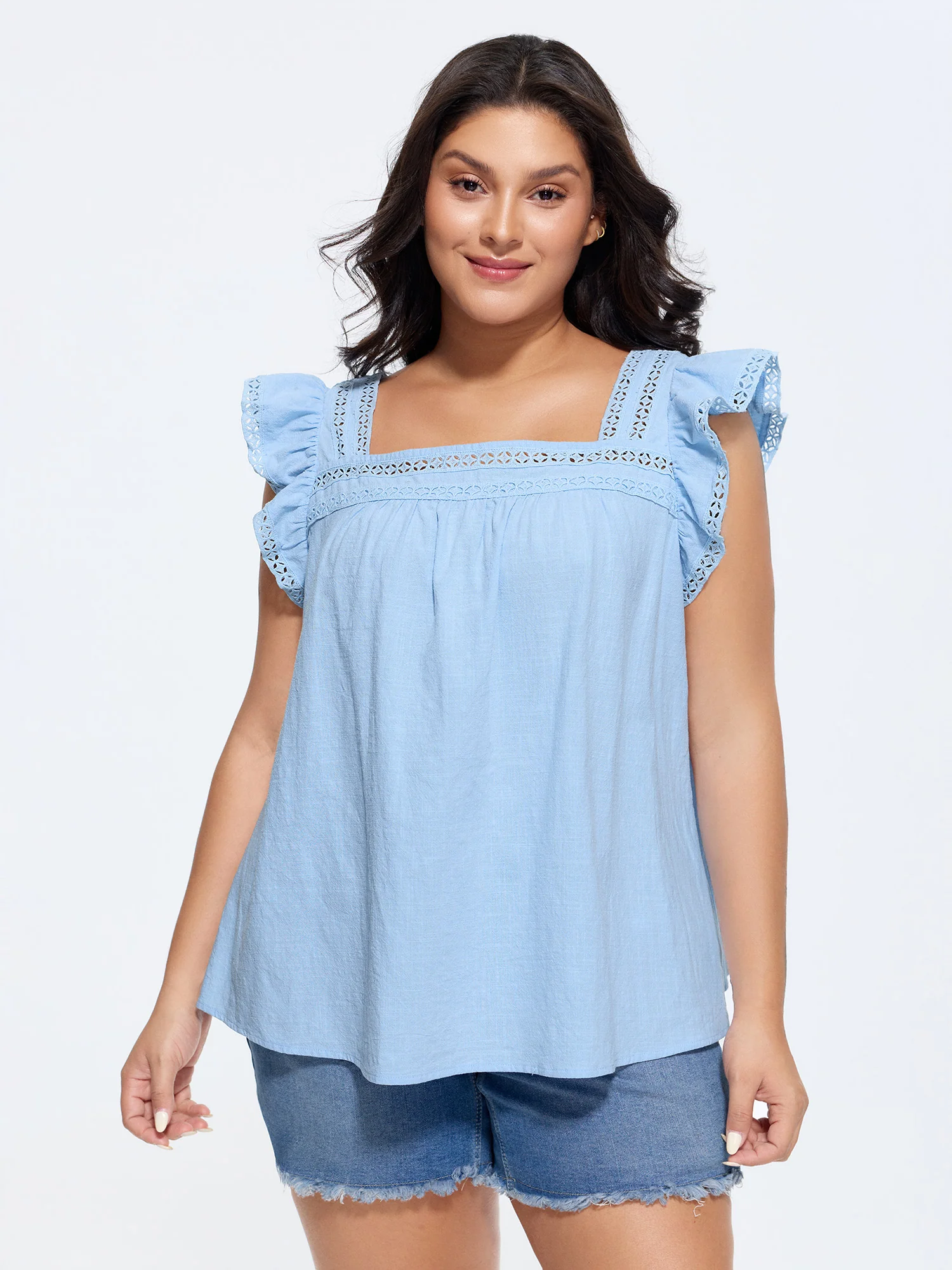 Cotton Ruffled Sleeve Lace Detail Top