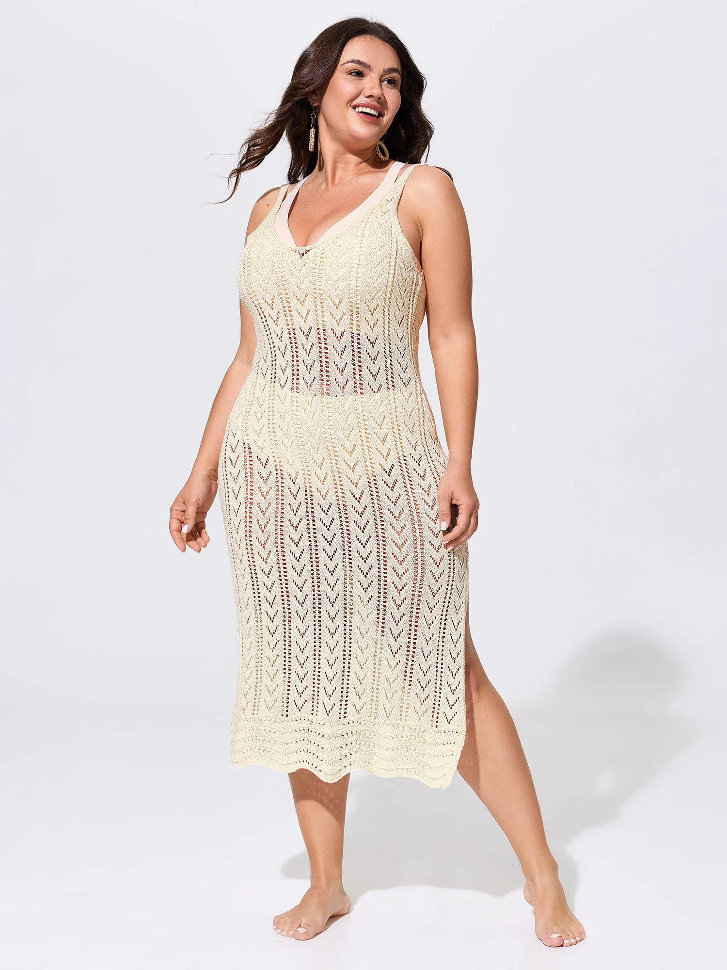 Hollowed-Out V-Neck Split Side Swim Cover-Up