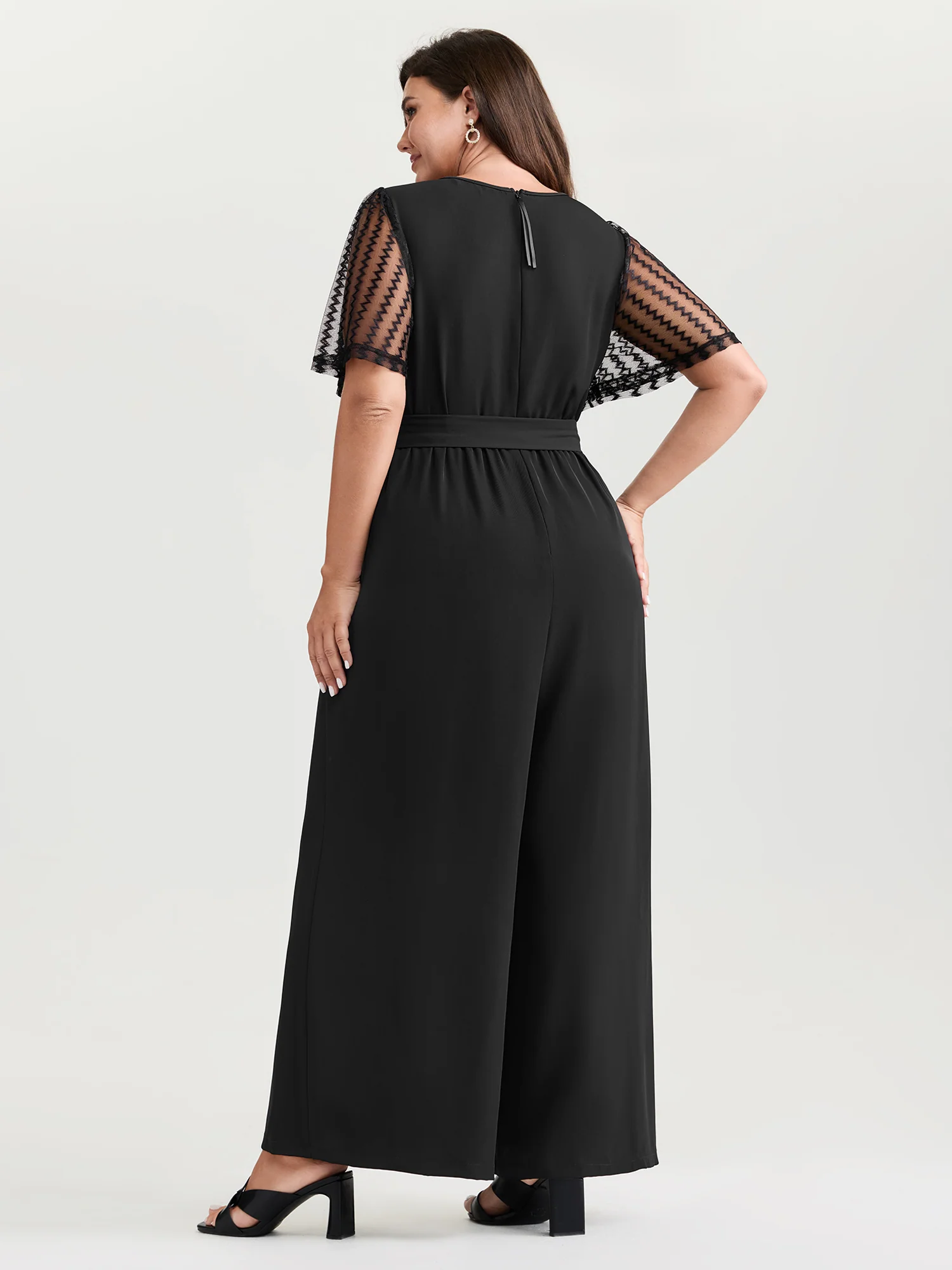 Textured Sheer Sleeve Stretchy Waist Tie Jumpsuit