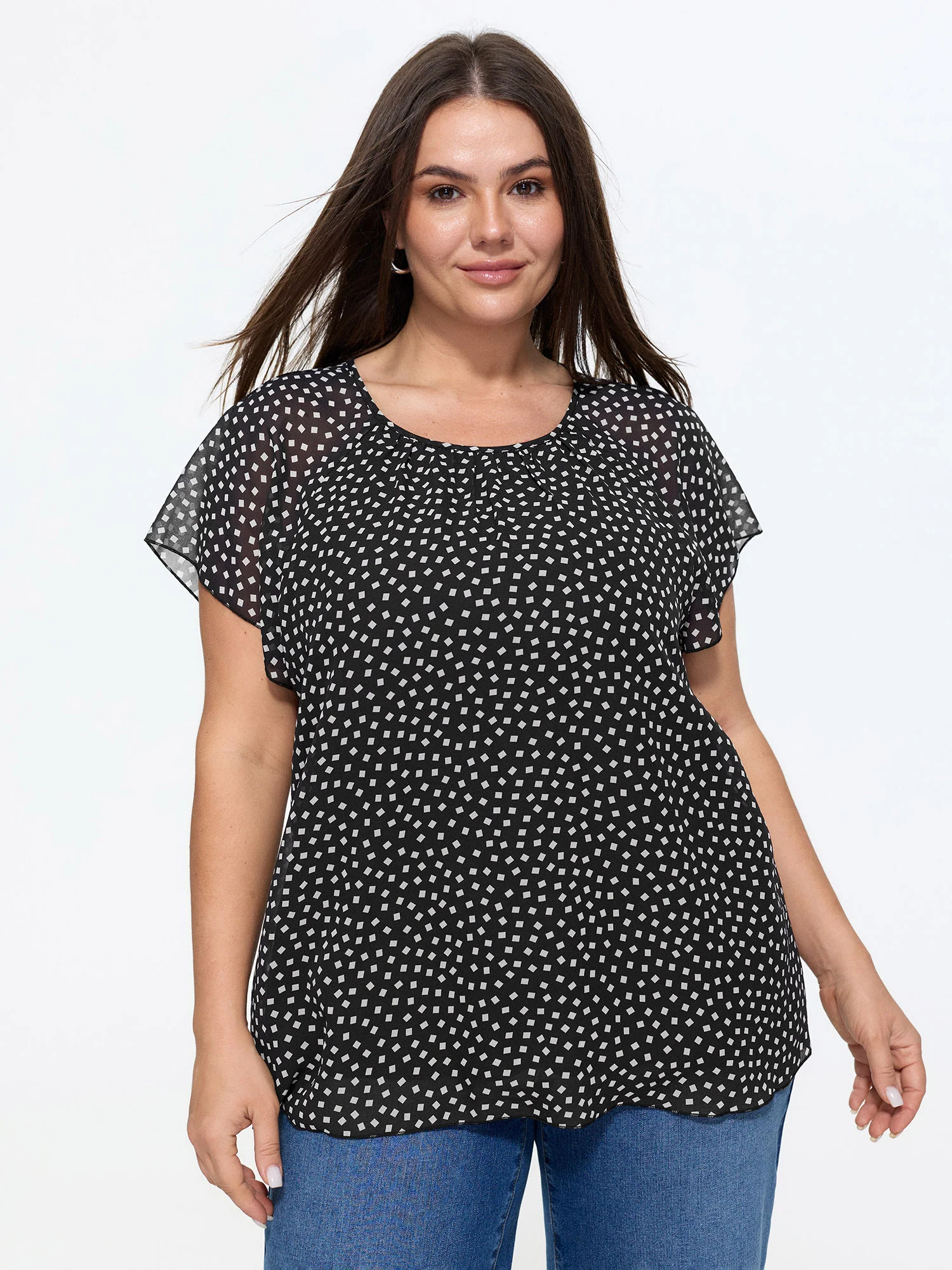 Sheer Sleeve Geometric Print Blouse