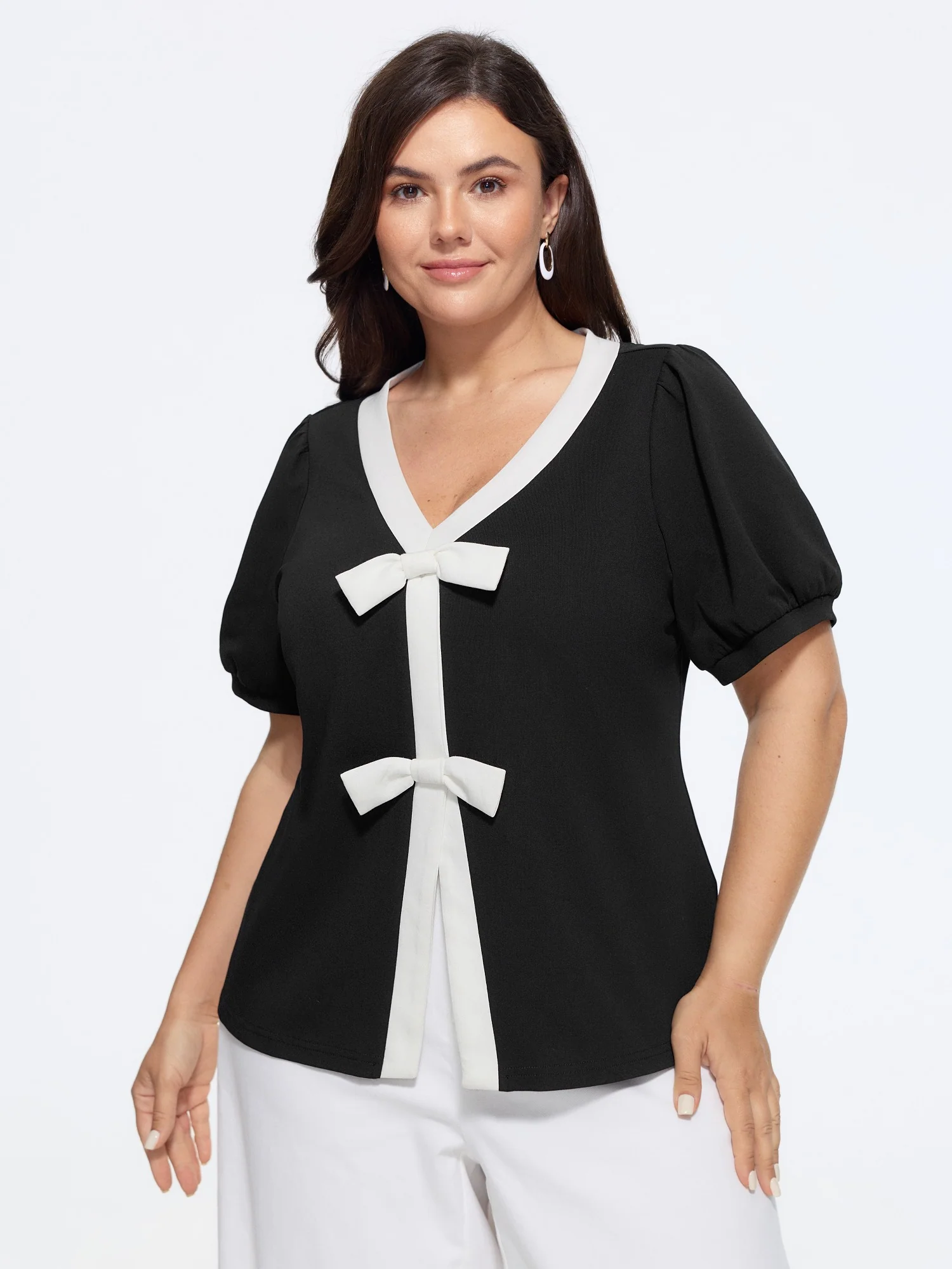 V Neck Double Bow Color Contrast T-Shirt