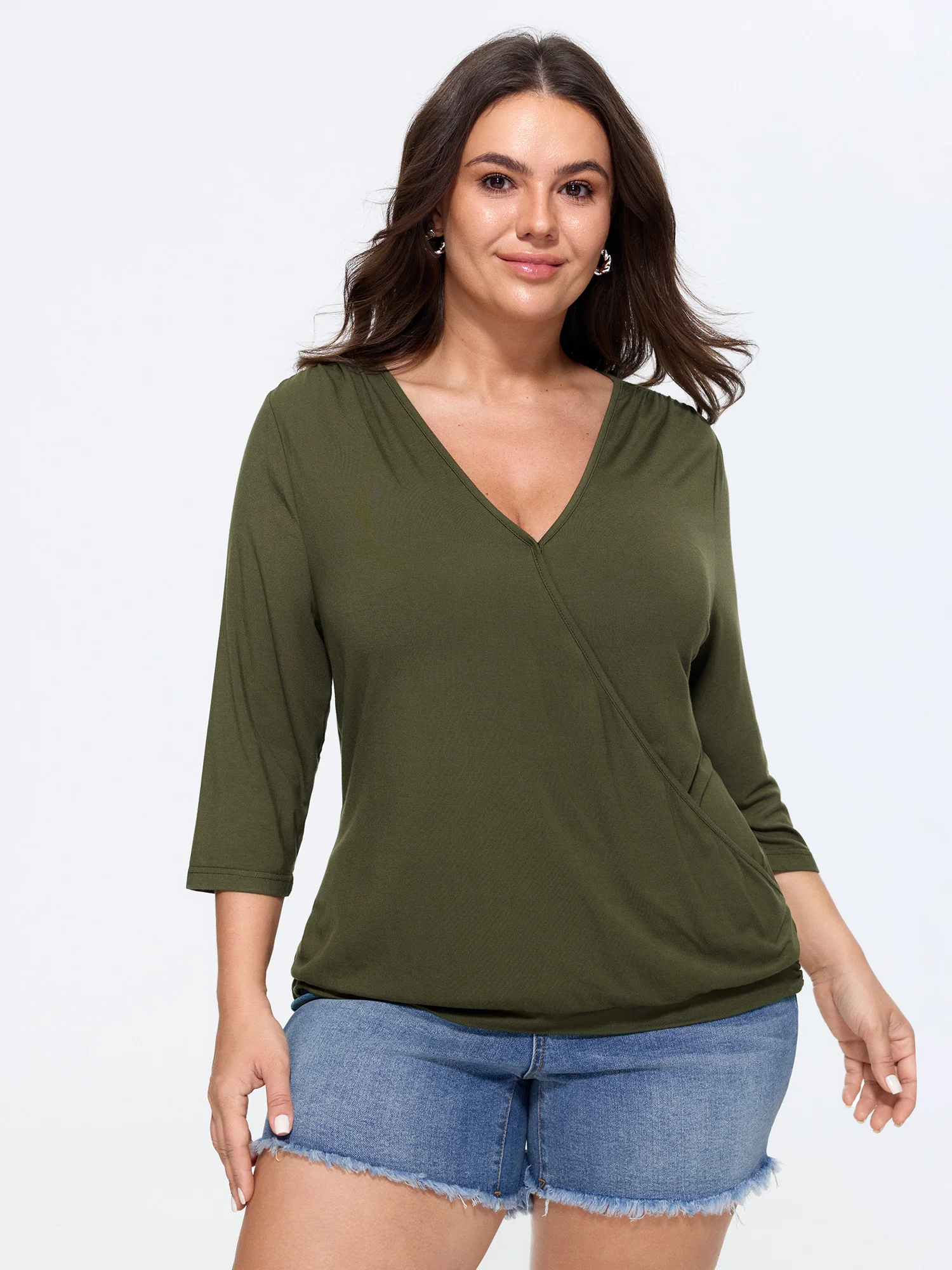 Supersoft Stretchy Solid Surplice Side Ruched T-Shirt