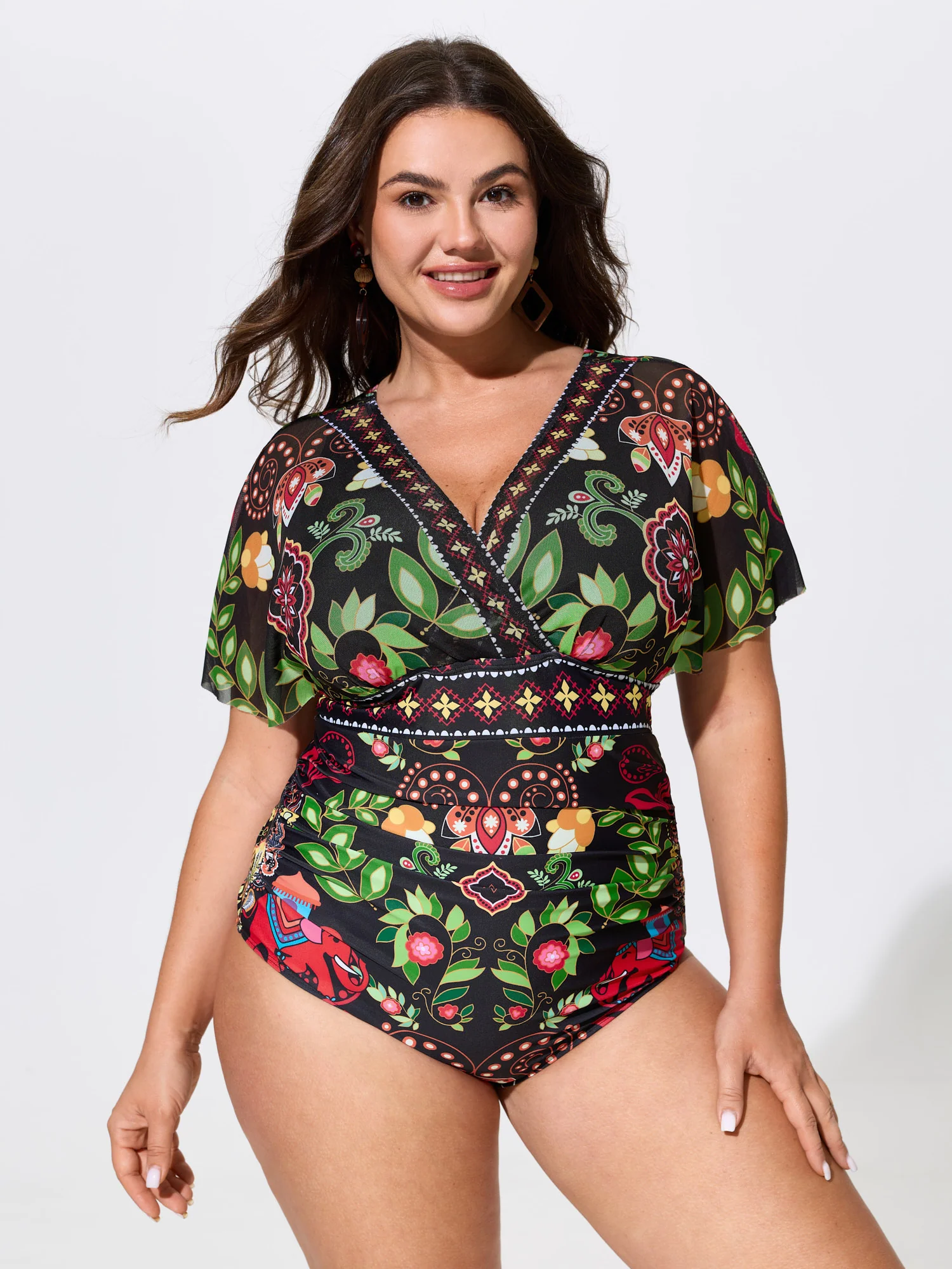 Sarong Set Tropical Print Sheer One-Piece Swim