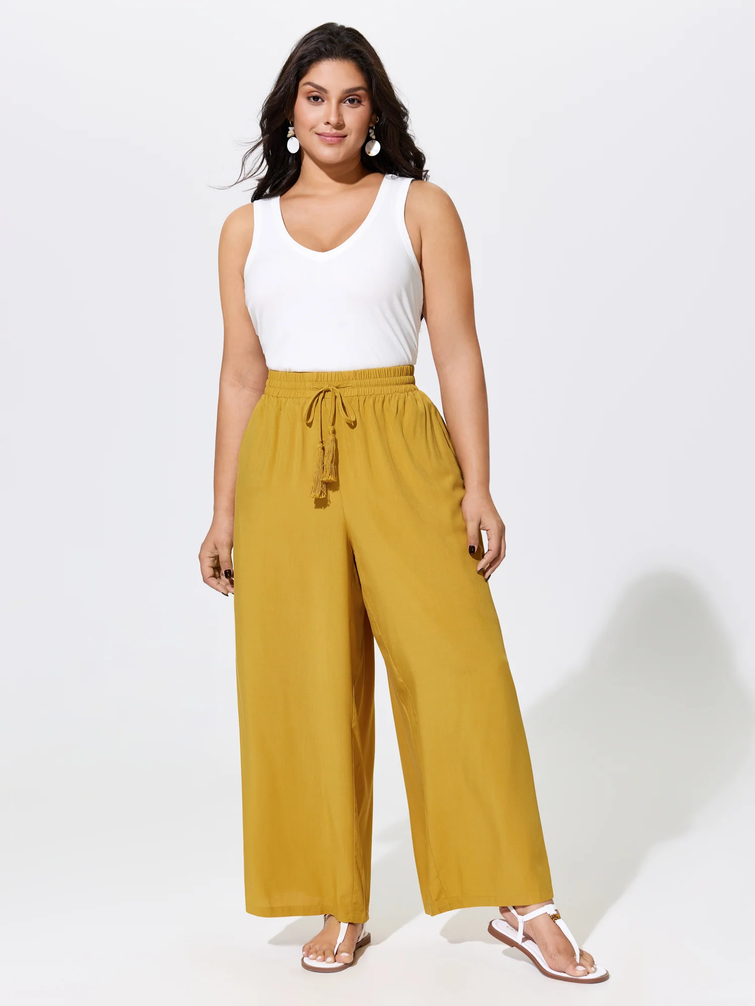 Drawstring Shirred Waist Plain Pants