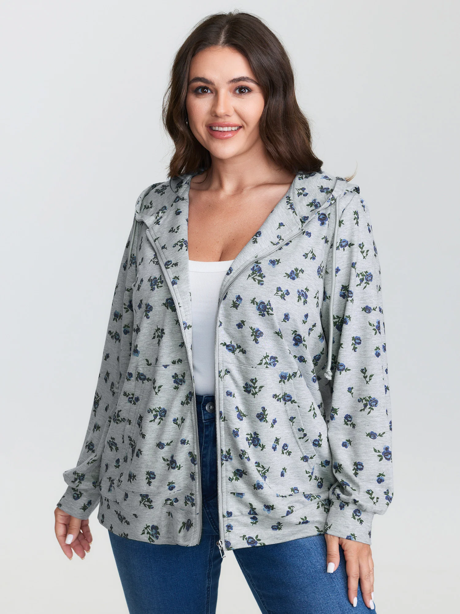 Floral Print Zipper Hoodie