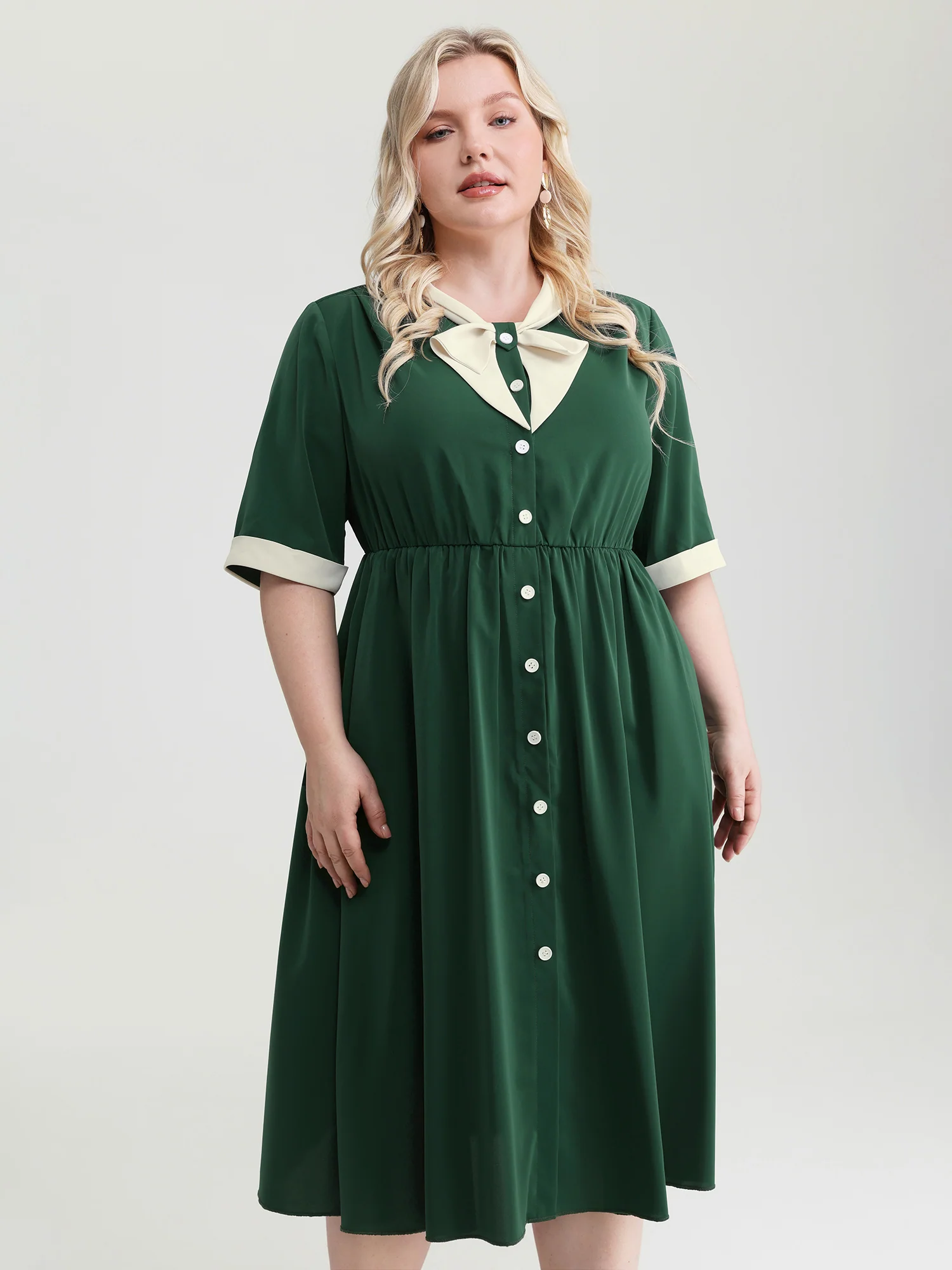 Retro Color Contrast Floating Collar Midi Dress