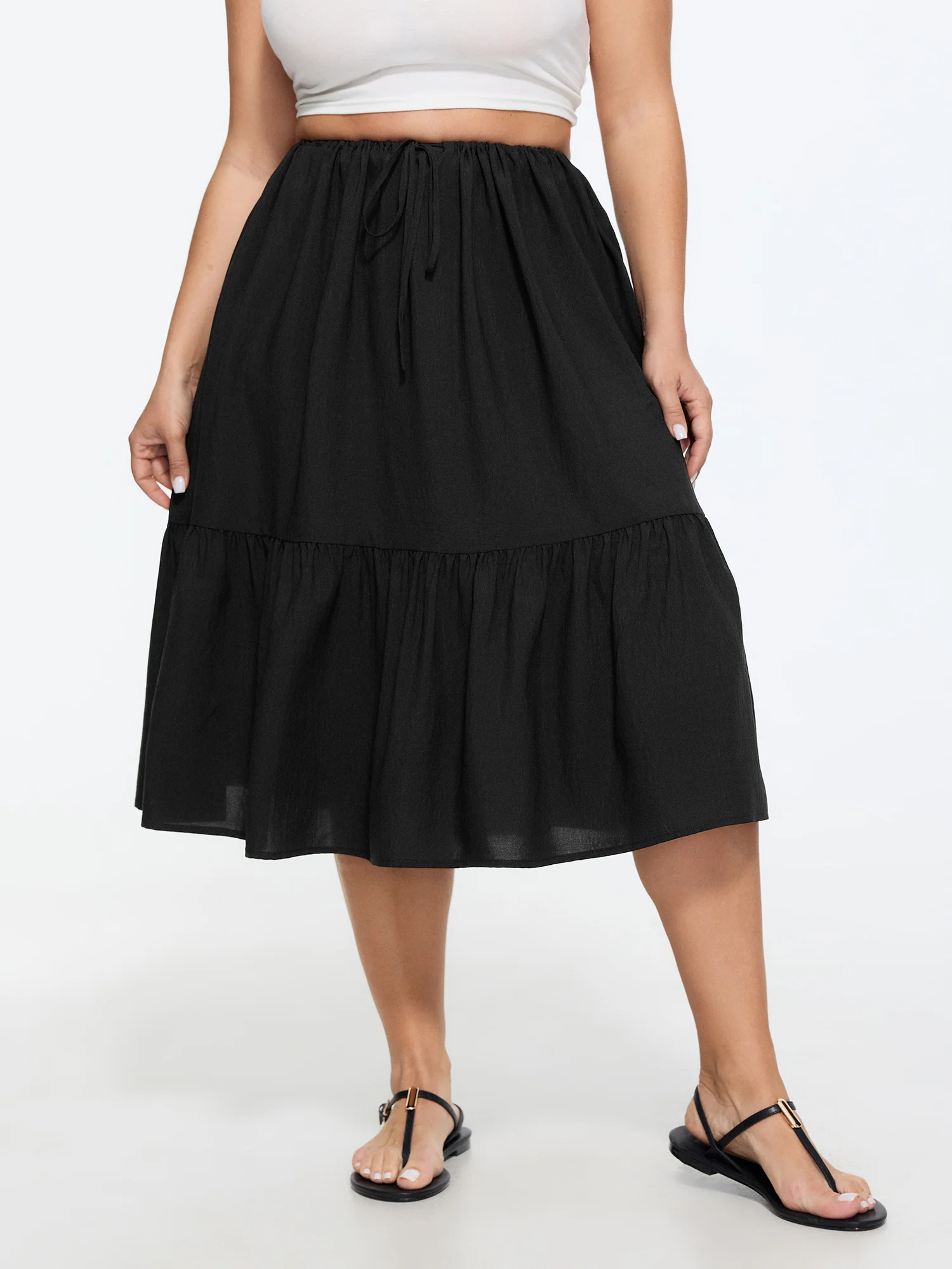 Adjustable Drawstring Waist Plain Tiered Flowy Midi Skirt