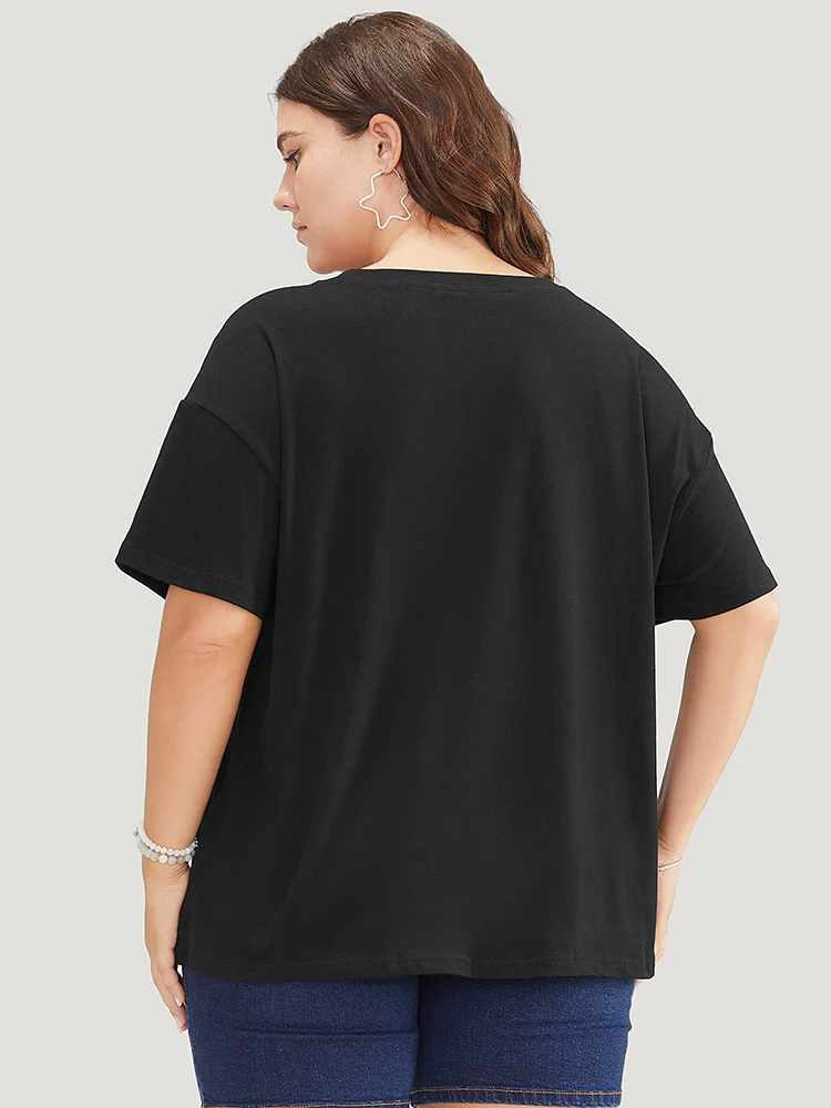 Floral & Slogan Print Slightly Stretchy Casual T-shirt