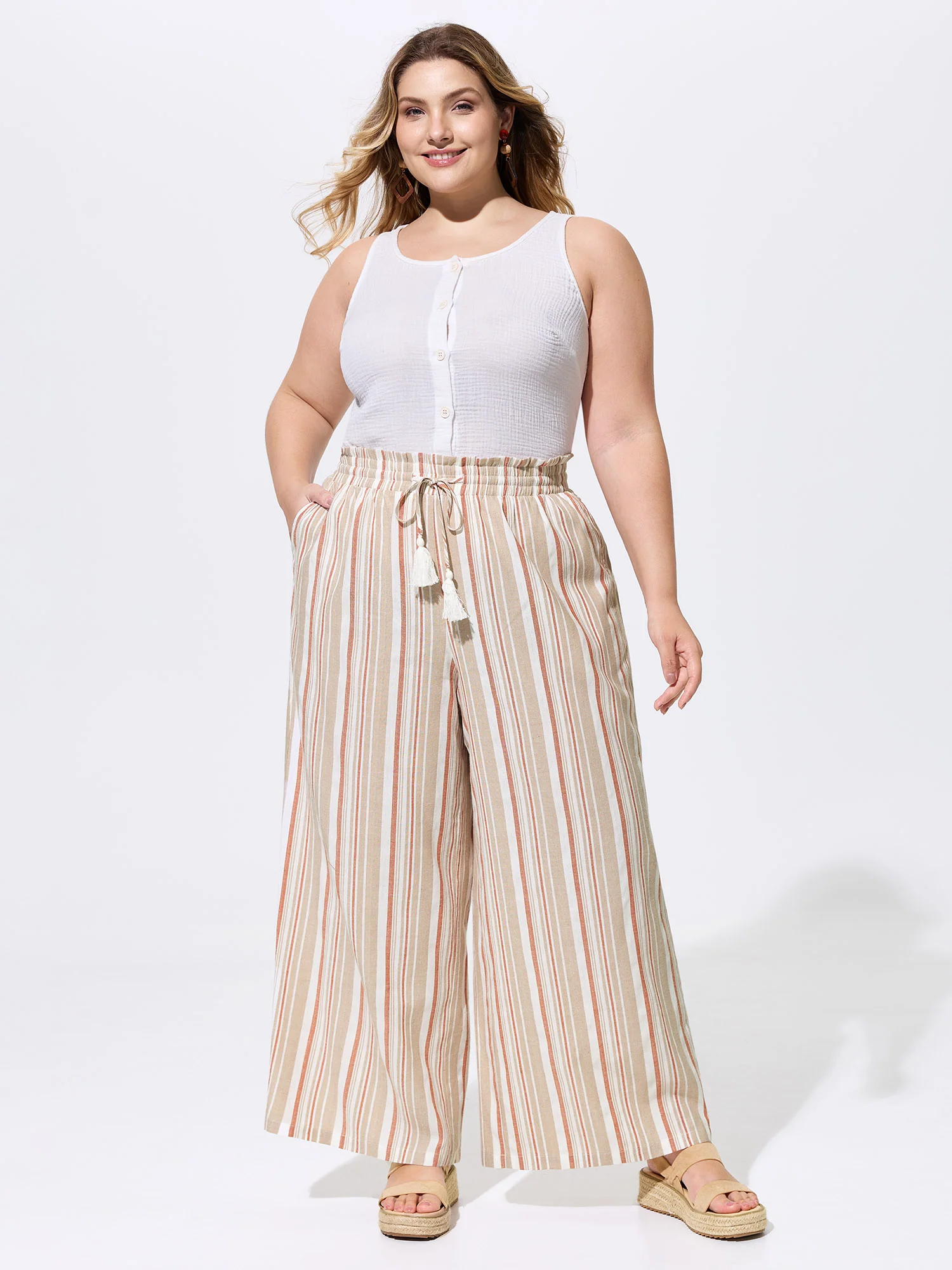 Striped Print Pockets Drawstring Pants