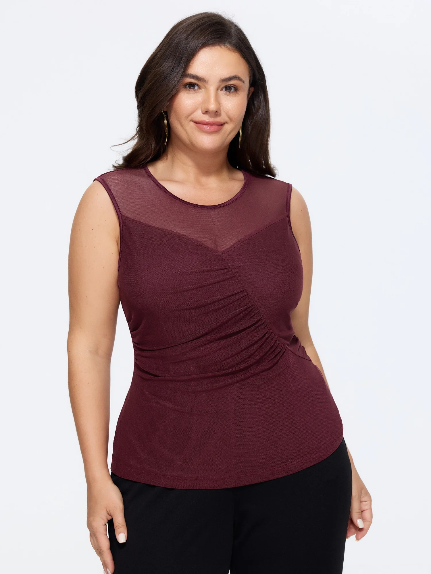 Solid Sheer Mesh Ruched Tank Top