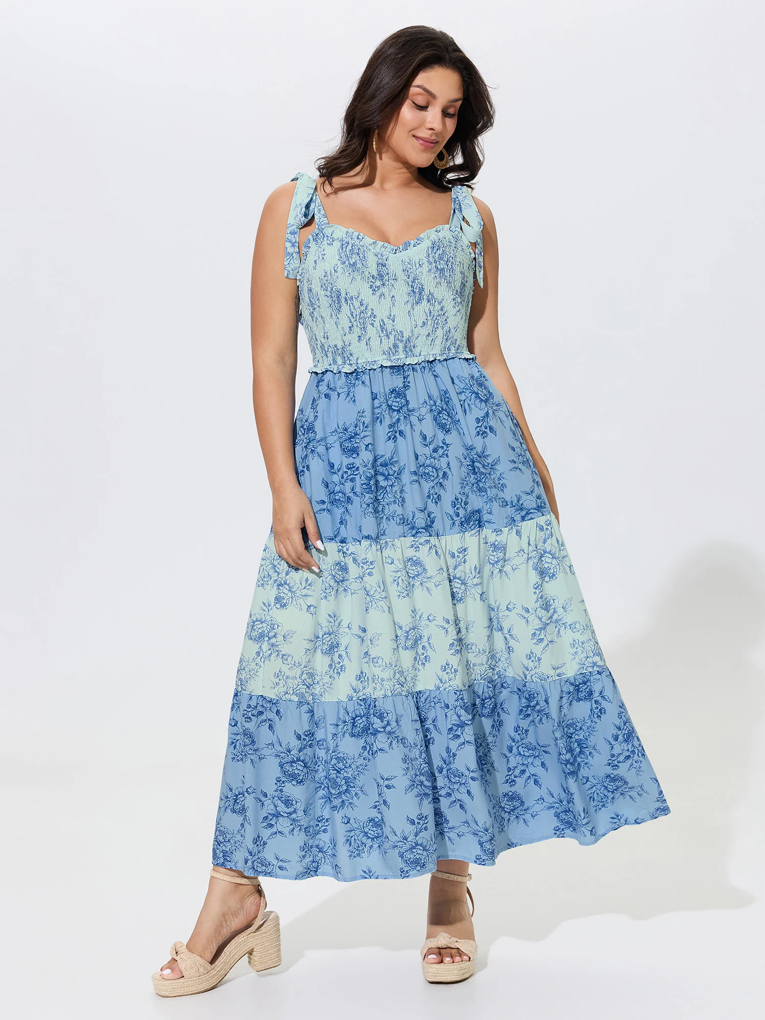 Supersoft Floral Print Shirred Tie Shoulder Tiered Maxi Dress