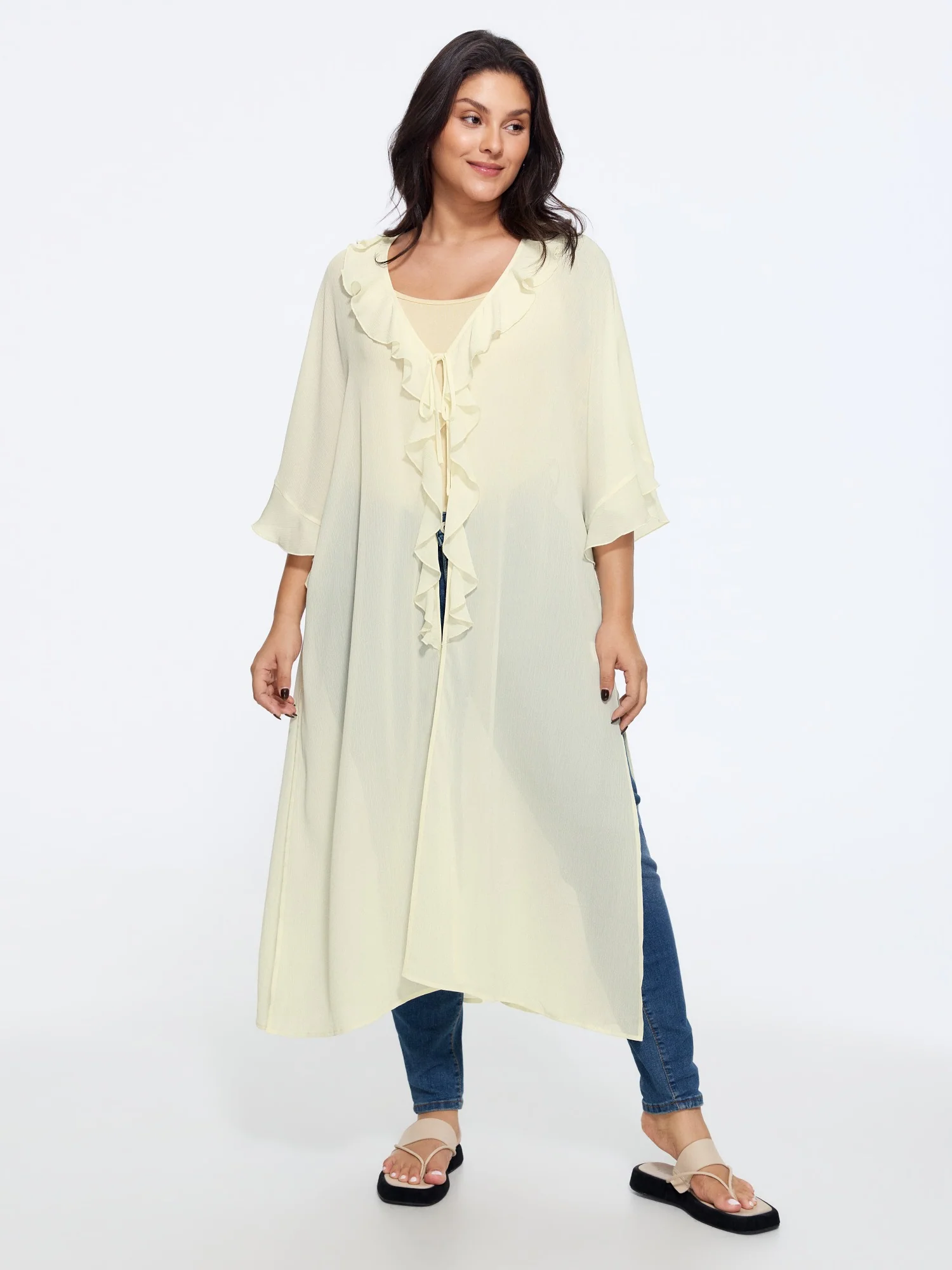 Breathable Ruffle Trim Long Cover Up