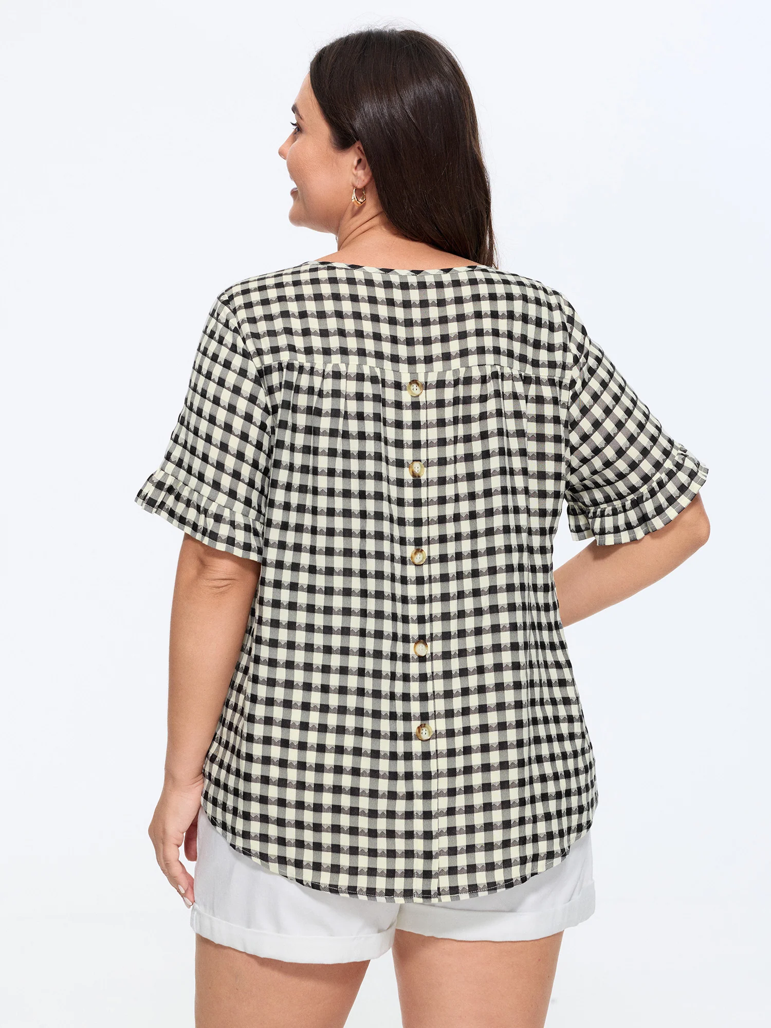 Gingham Print Ruffled Detail Arc Hem Blouse