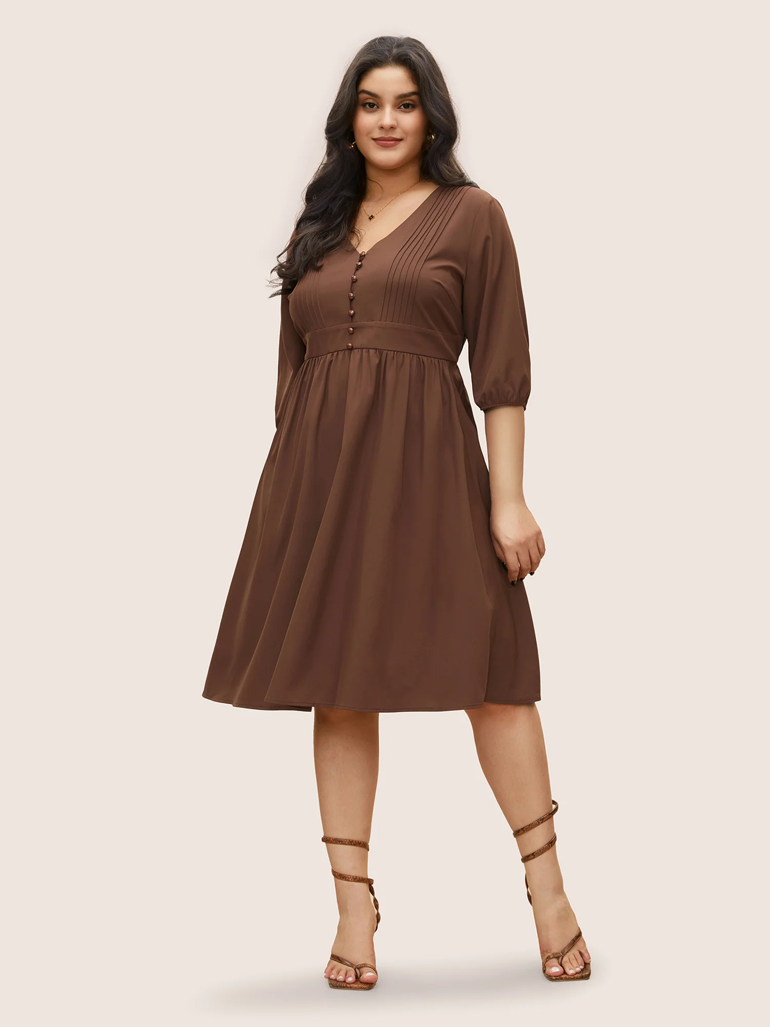 Solid Pleated Button Detail Lantern Sleeve Dress