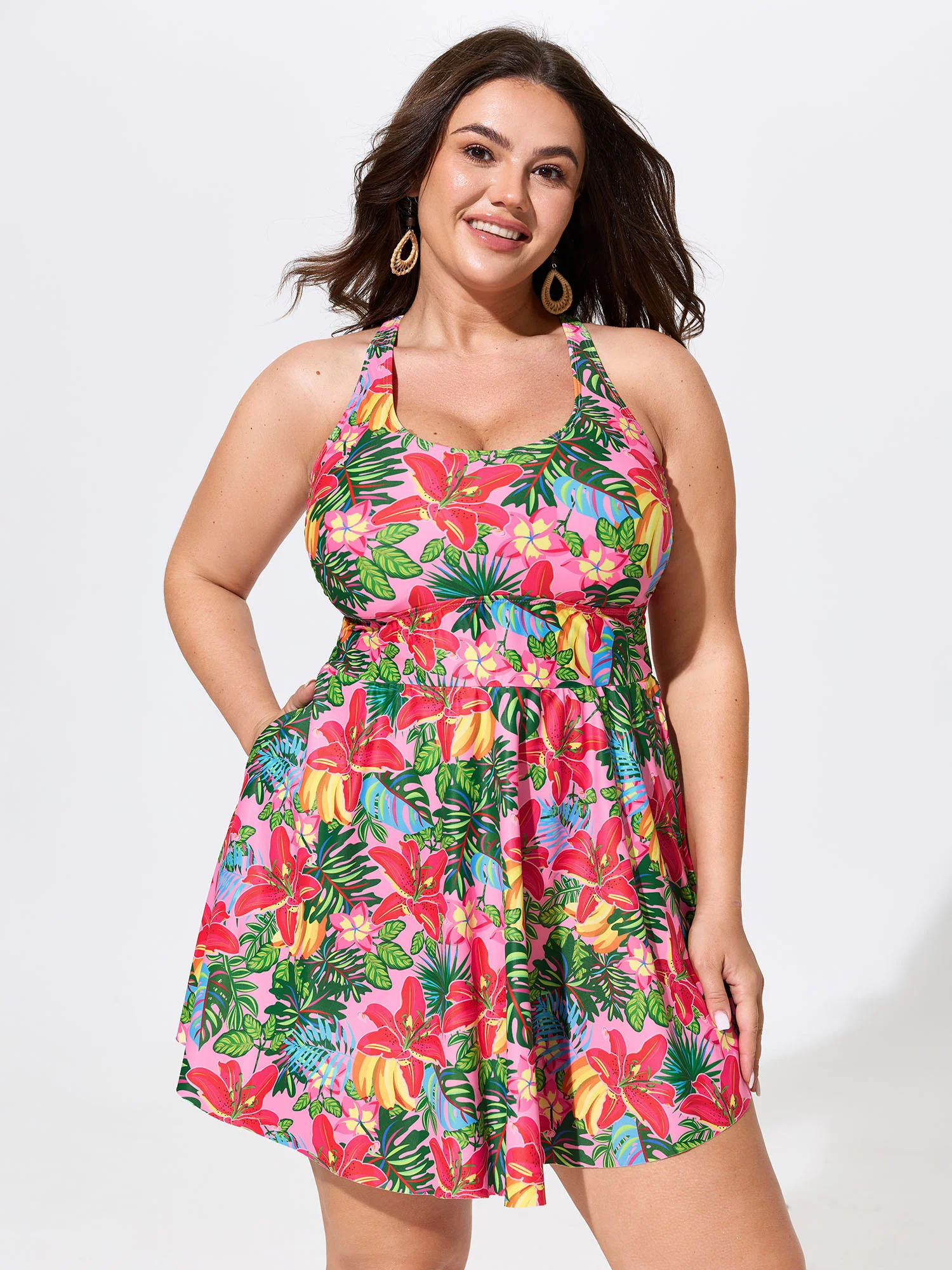 Vibrant Floral Print Crossover Straps Swim Dress