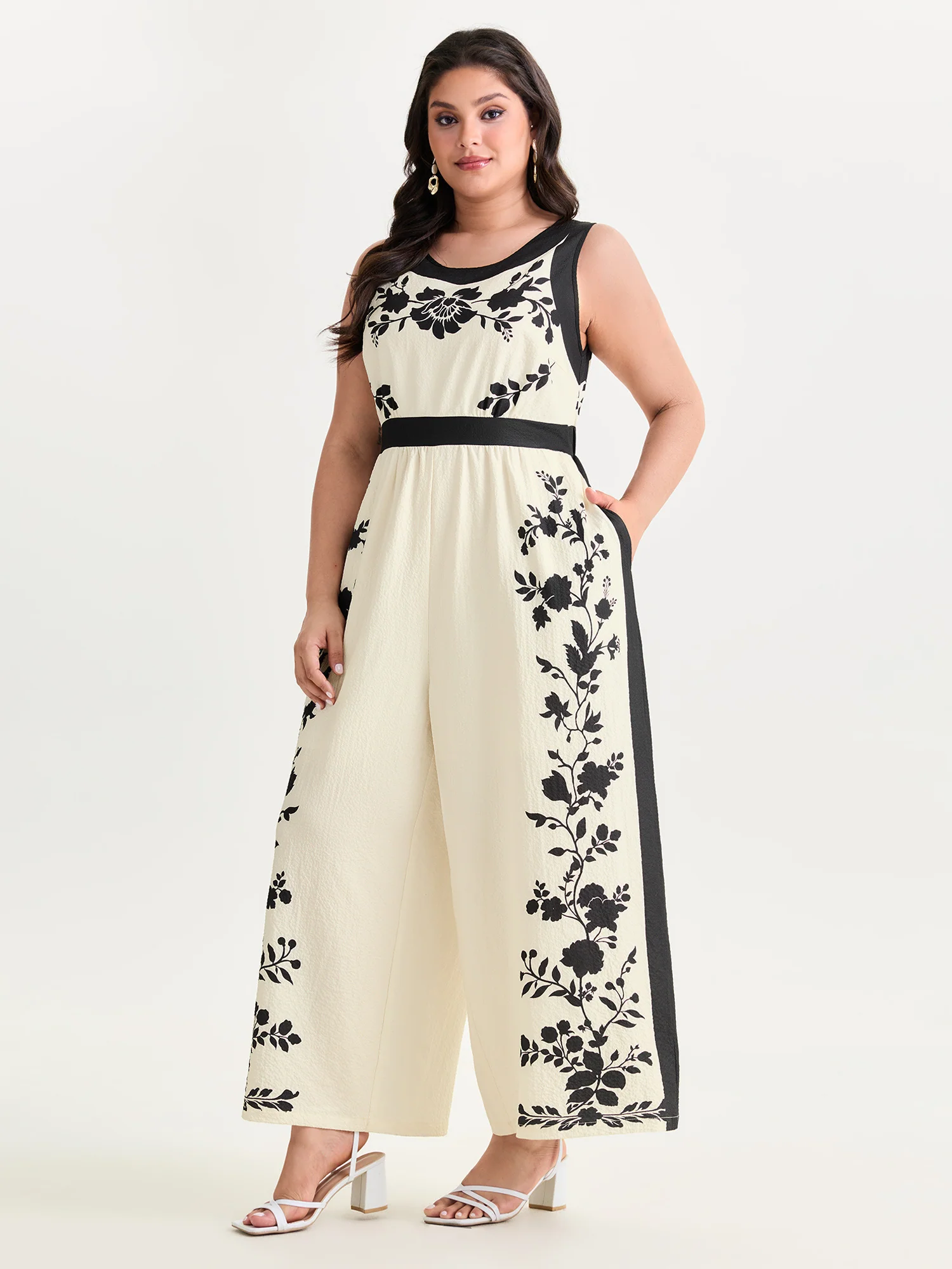Color Contrast Floral Print Back-Tie Jumpsuit