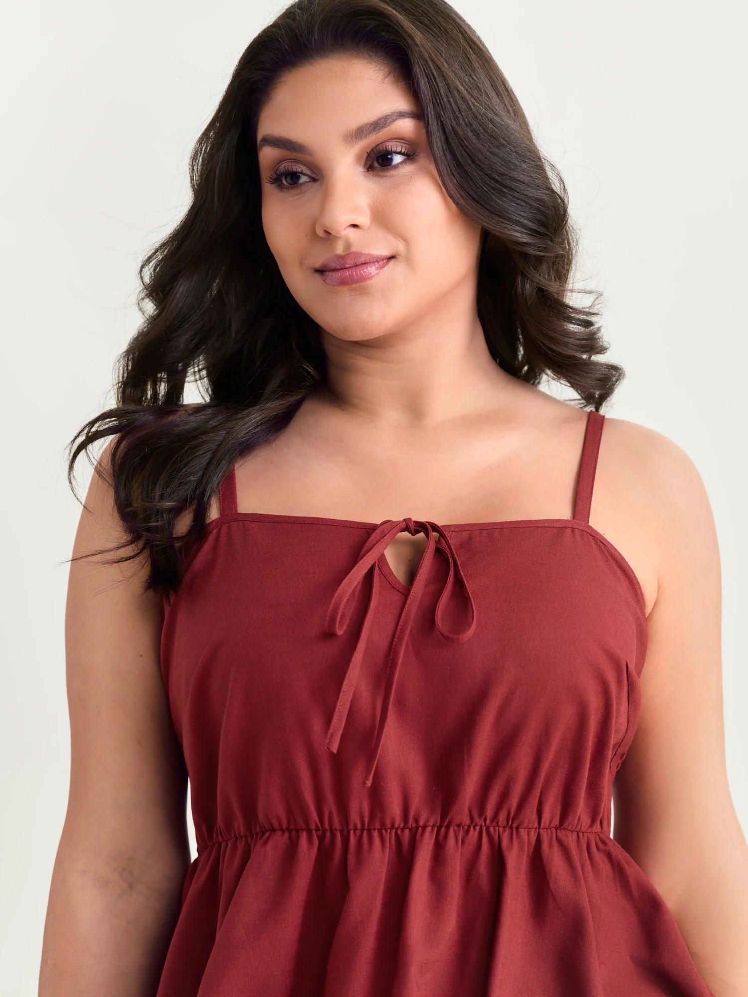 Cotton Linen Shirred Drawstring Neckline Tank Top