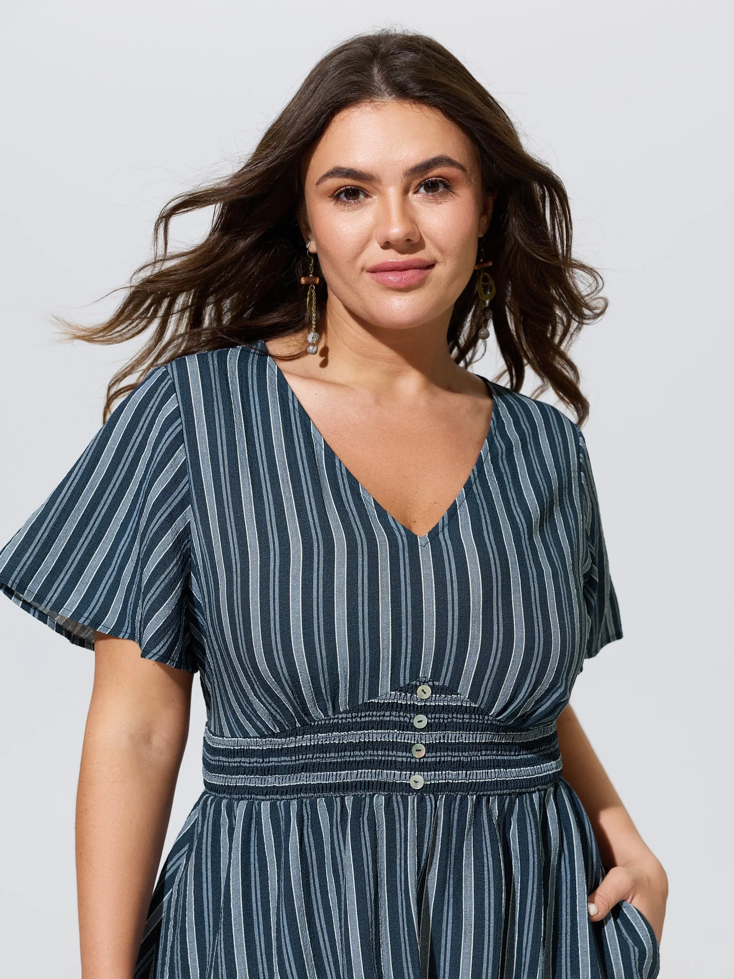 Vertical Stripe Print Shirred Waist Mini Dress