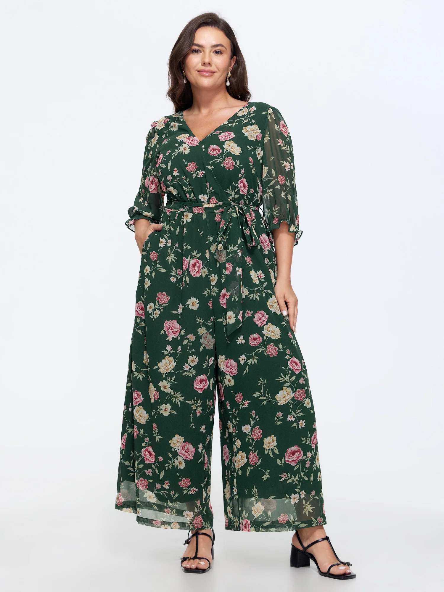 Floral Print Stretchy Waist Drawstring Jumpsuit